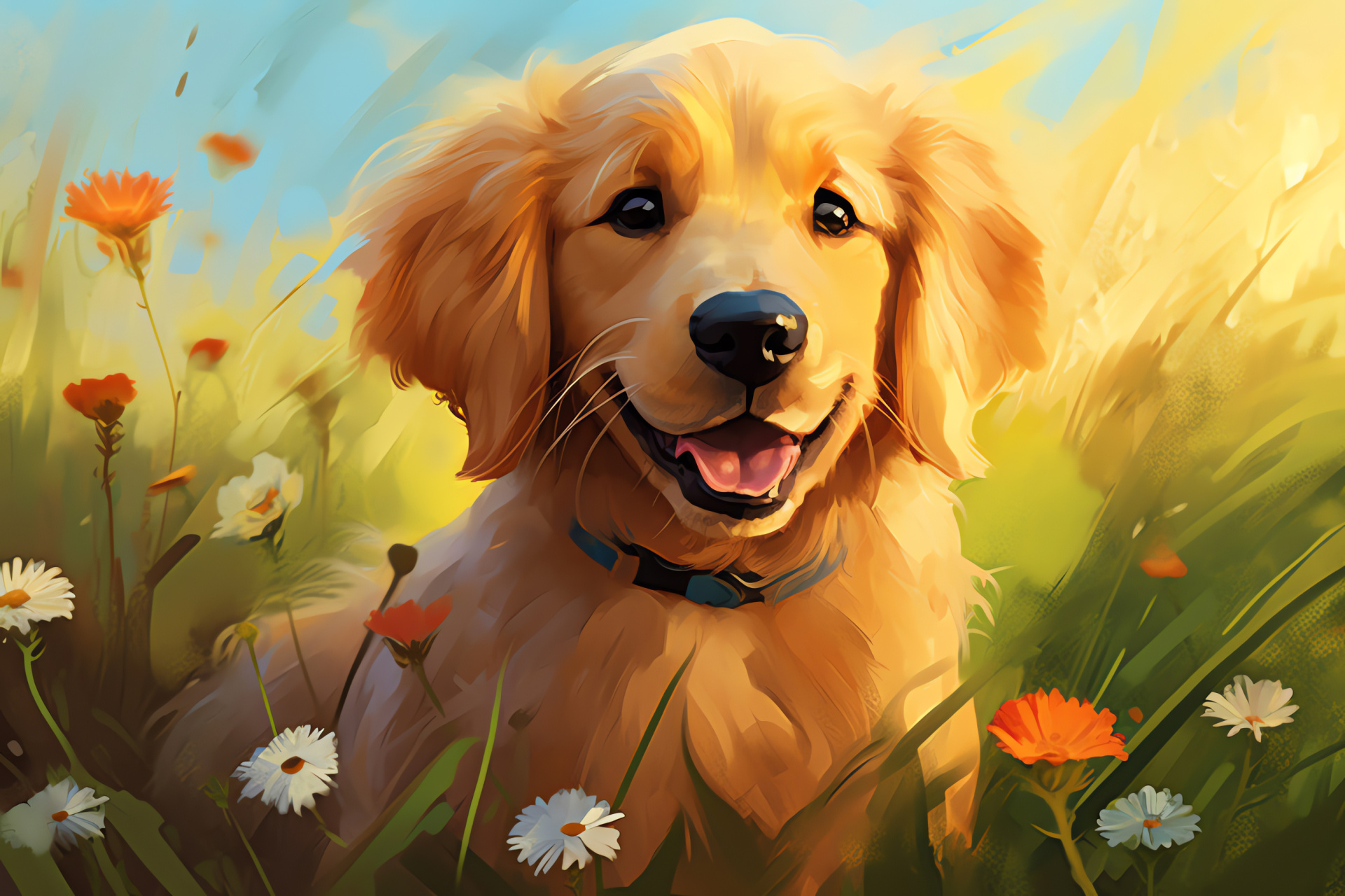 Golden Retriever's youthful aspect, Fluffy golden texture, Canine flower interaction, Retriever's playful energy, HD Desktop Wallpaper