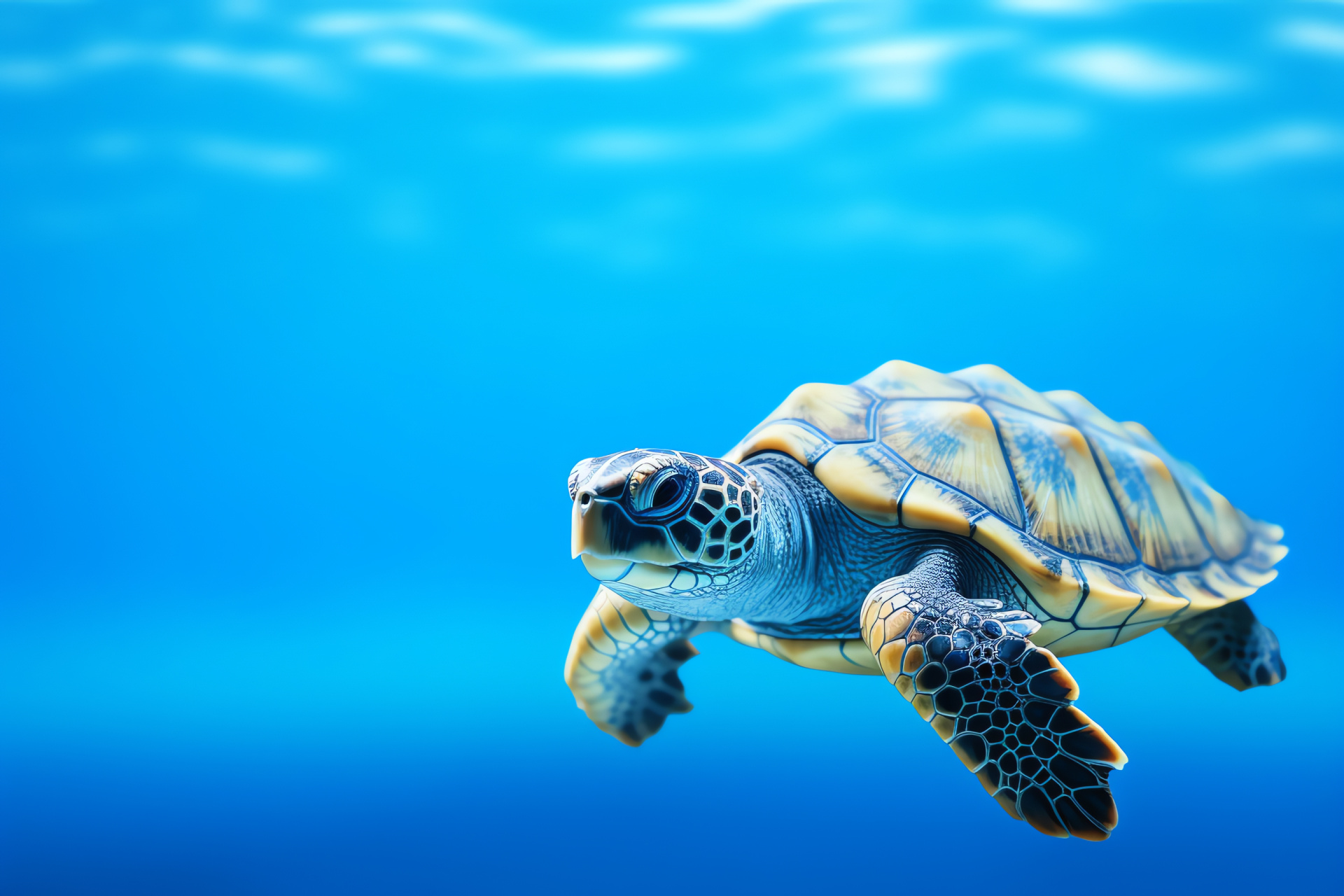 Turtle with patterned shell, Peaceful marine animal, Reptilian gaze, Oceanic backdrop, HD Desktop Wallpaper