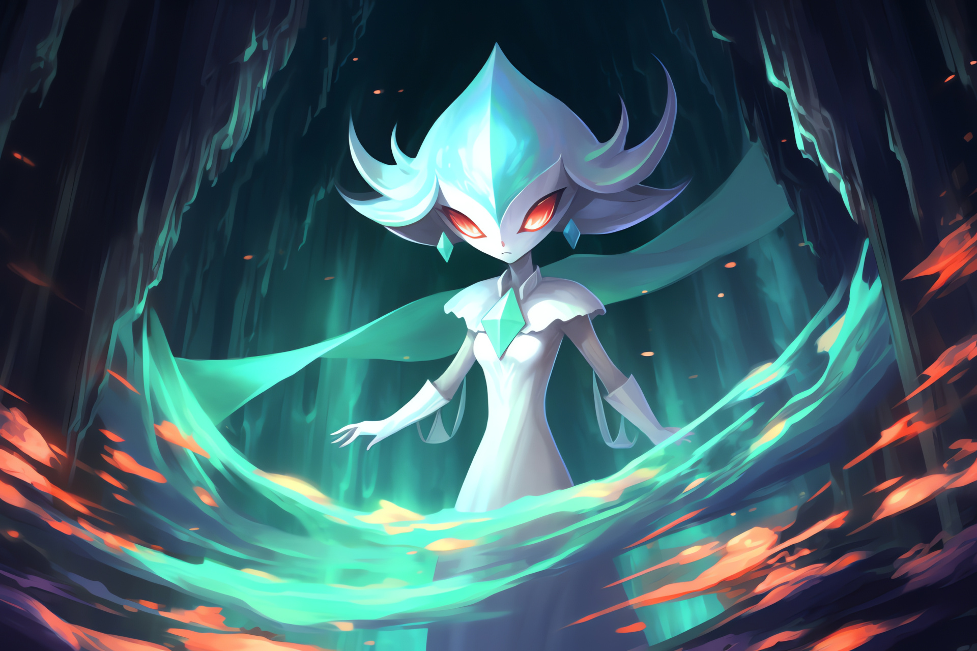 Mega Gardevoir, Mystical surroundings, Cave locale, Evolved stance, Fantasy gaming, HD Desktop Image