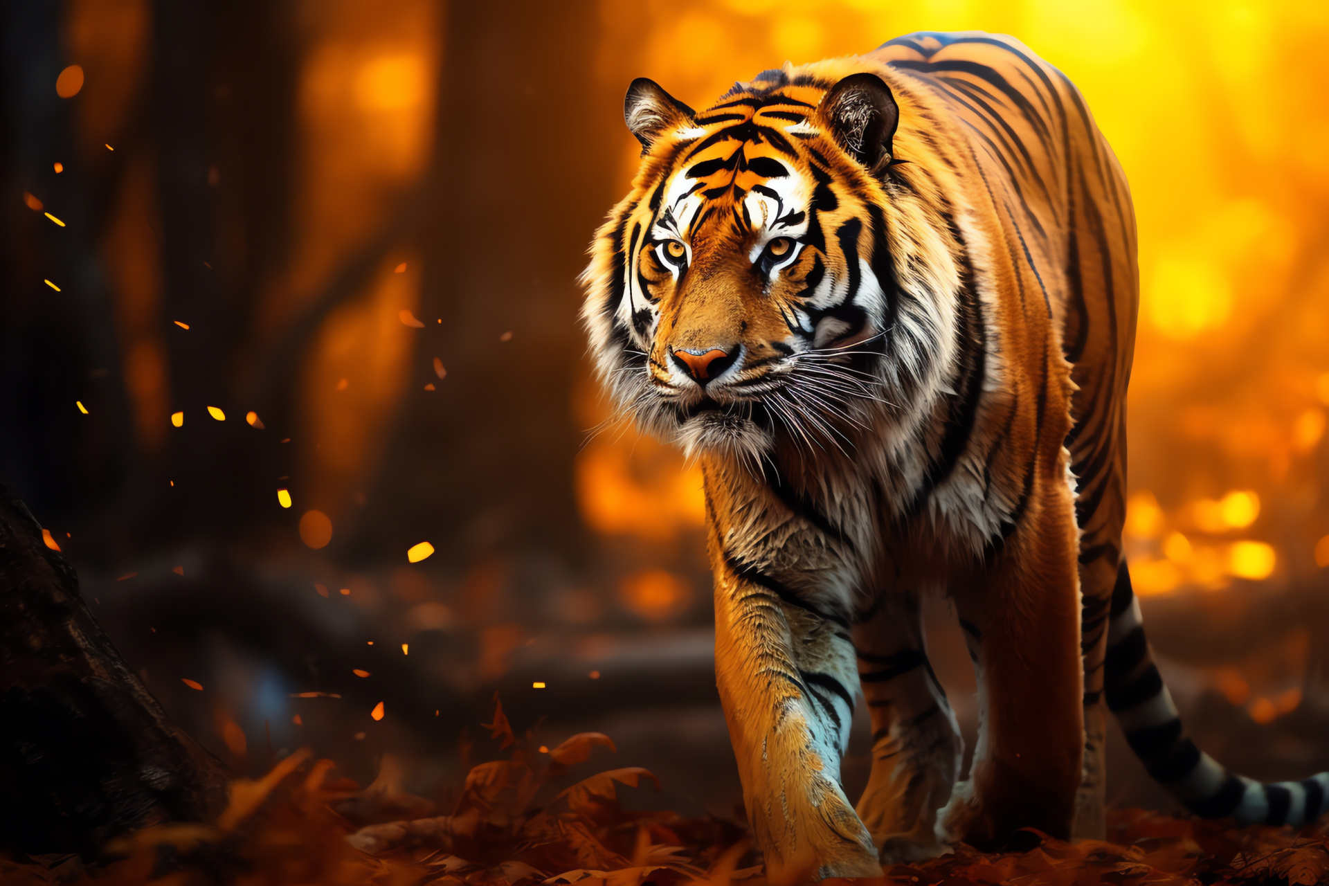 Wild tiger, mystical natural setting, vibrantly orange coat, gold accents, enchanted luminous forest, HD Desktop Wallpaper