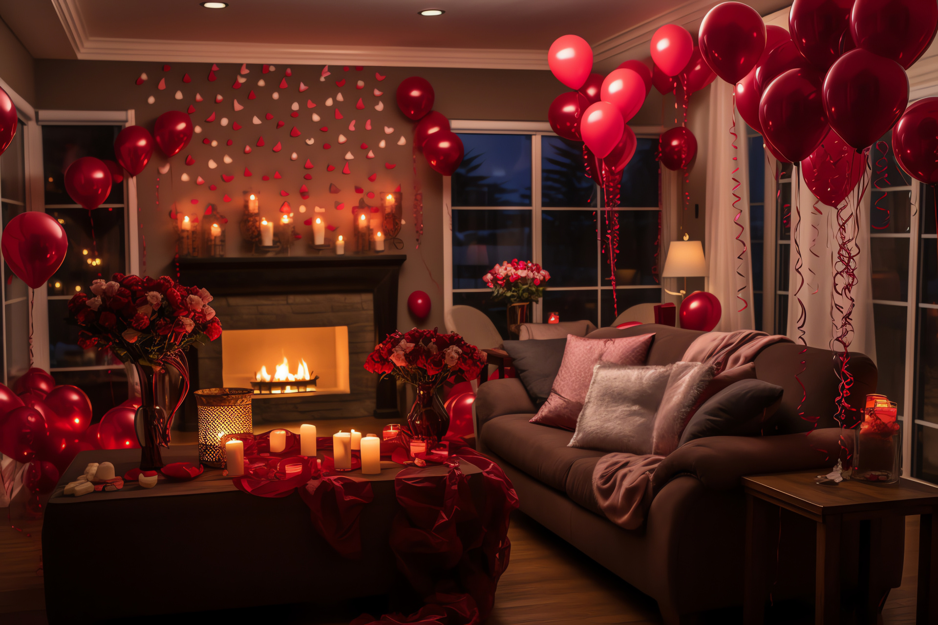 Heartfelt celebration, Indoor festivity balloons, Decorative streamers, Romantic home scene, Valentine cheer, HD Desktop Wallpaper