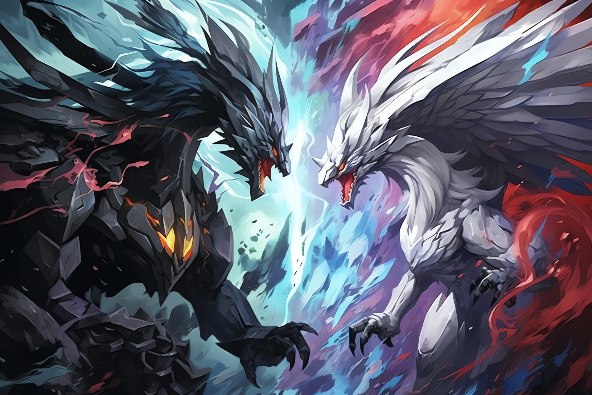 Pokemon Black and White version, Handheld console game, Dueling dragons narrative, Zekrom electrical aura, Reshiram fiery plume, HD Desktop Wallpaper