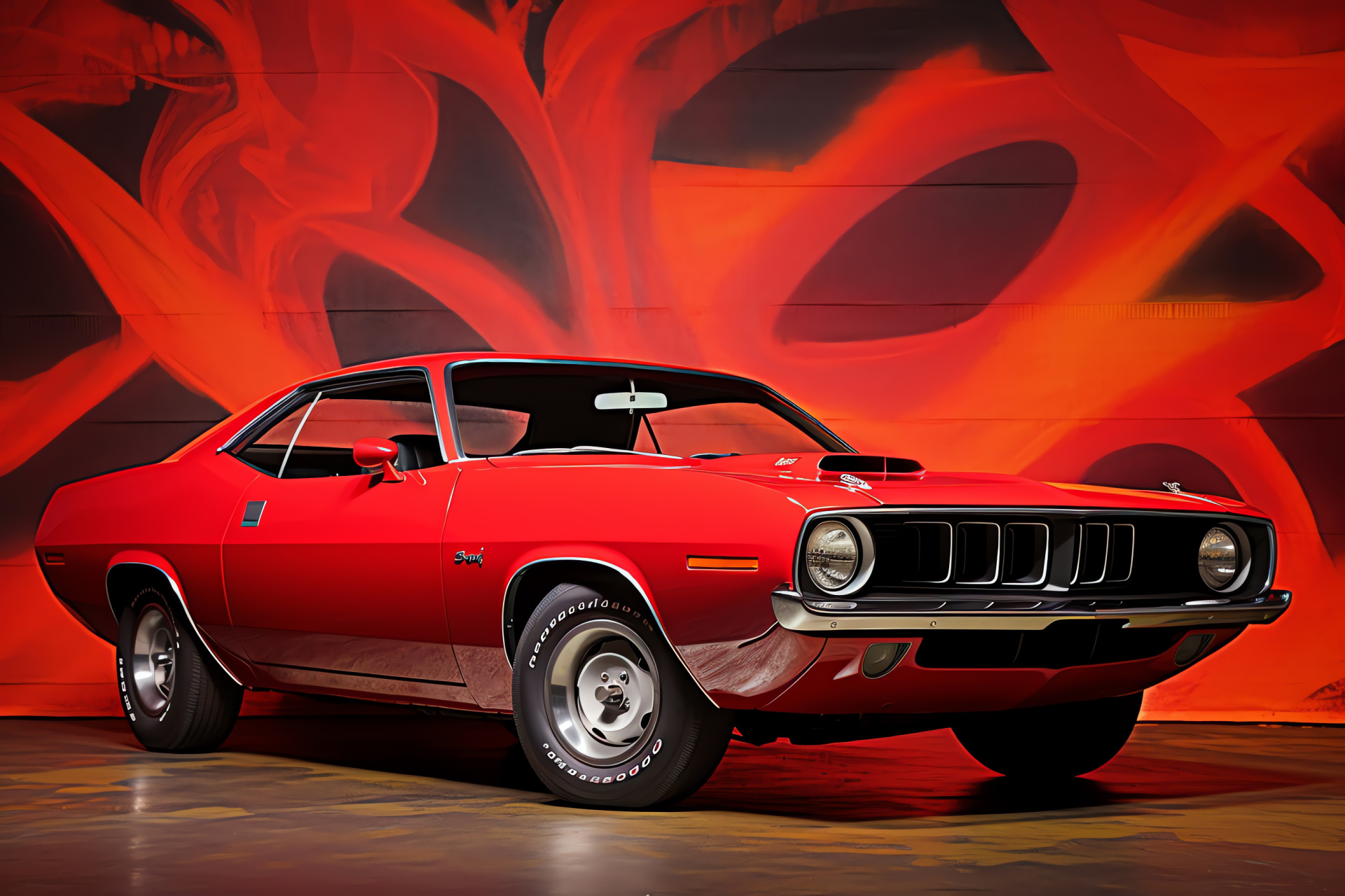 Plymouth Barracuda muscle car, 1973 vintage, Power performance, Engine feature, Red automobile, HD Desktop Wallpaper