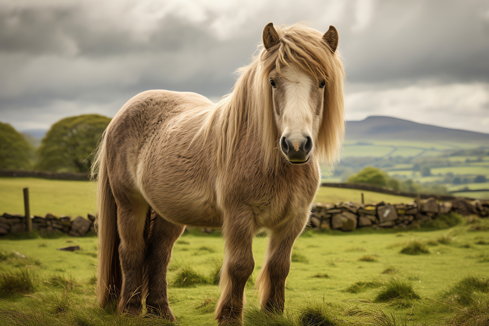 Scottish pony, Grullo equine, Bushy horse hair, Equine brown iris, Scenic rural landscape, HD Desktop Wallpaper