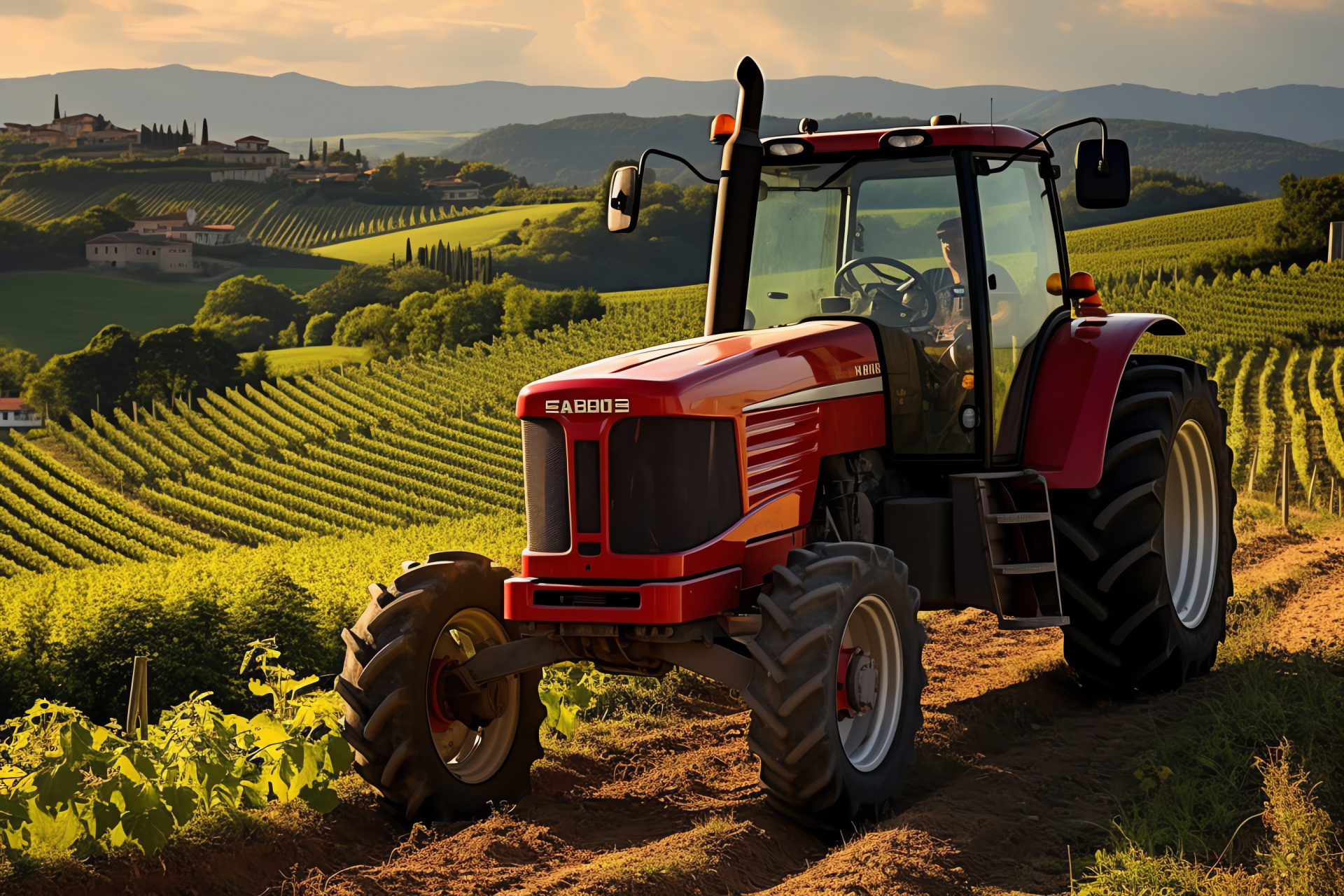 Farm tractor, Lamborghini model, Italian countryside, viticulture landscape, radiant machine tint, HD Desktop Image