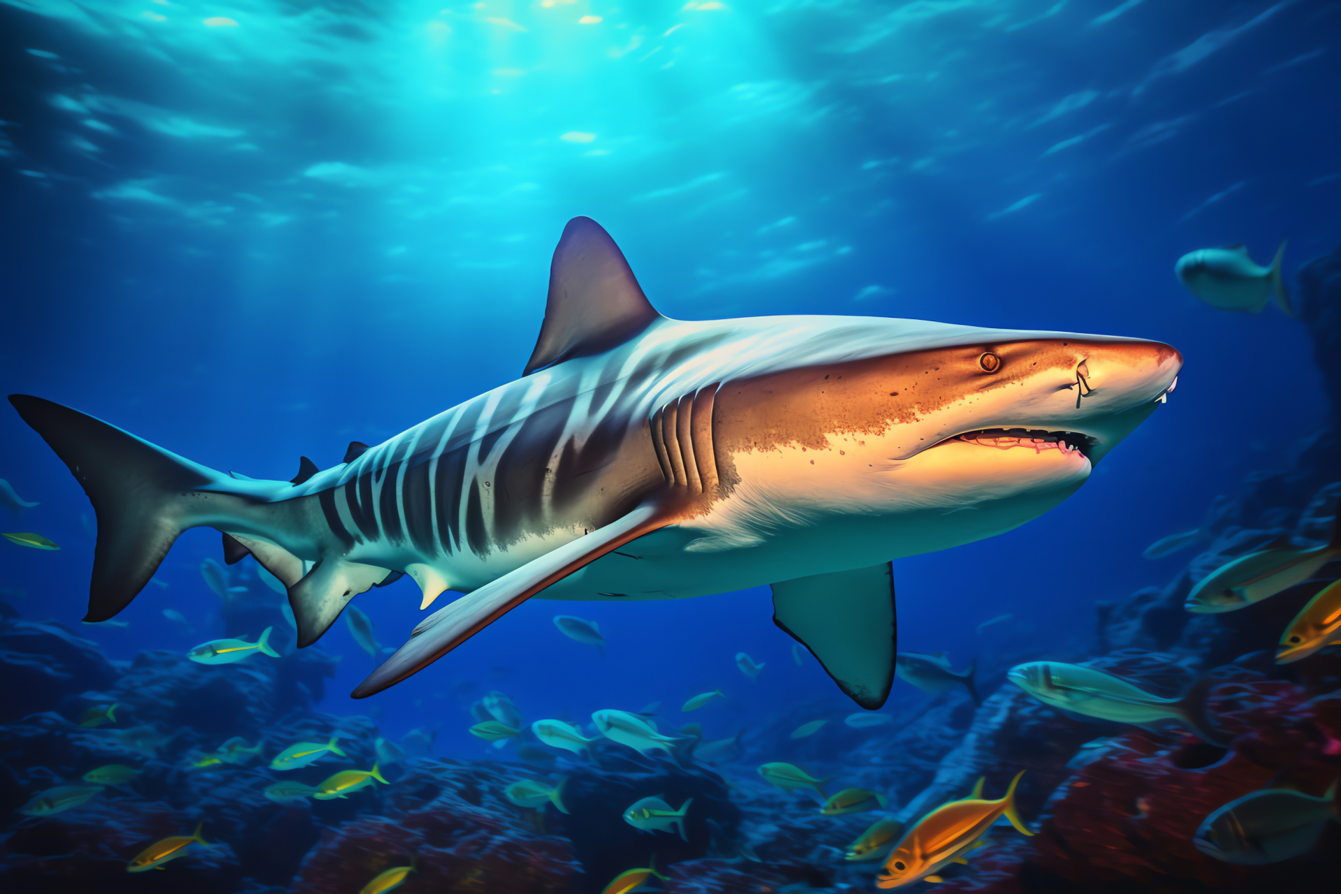 Tiger shark swim pattern, marine ecosystem inhabitant, grandeur of ocean life, wildlife exploration, sea predator study, HD Desktop Image