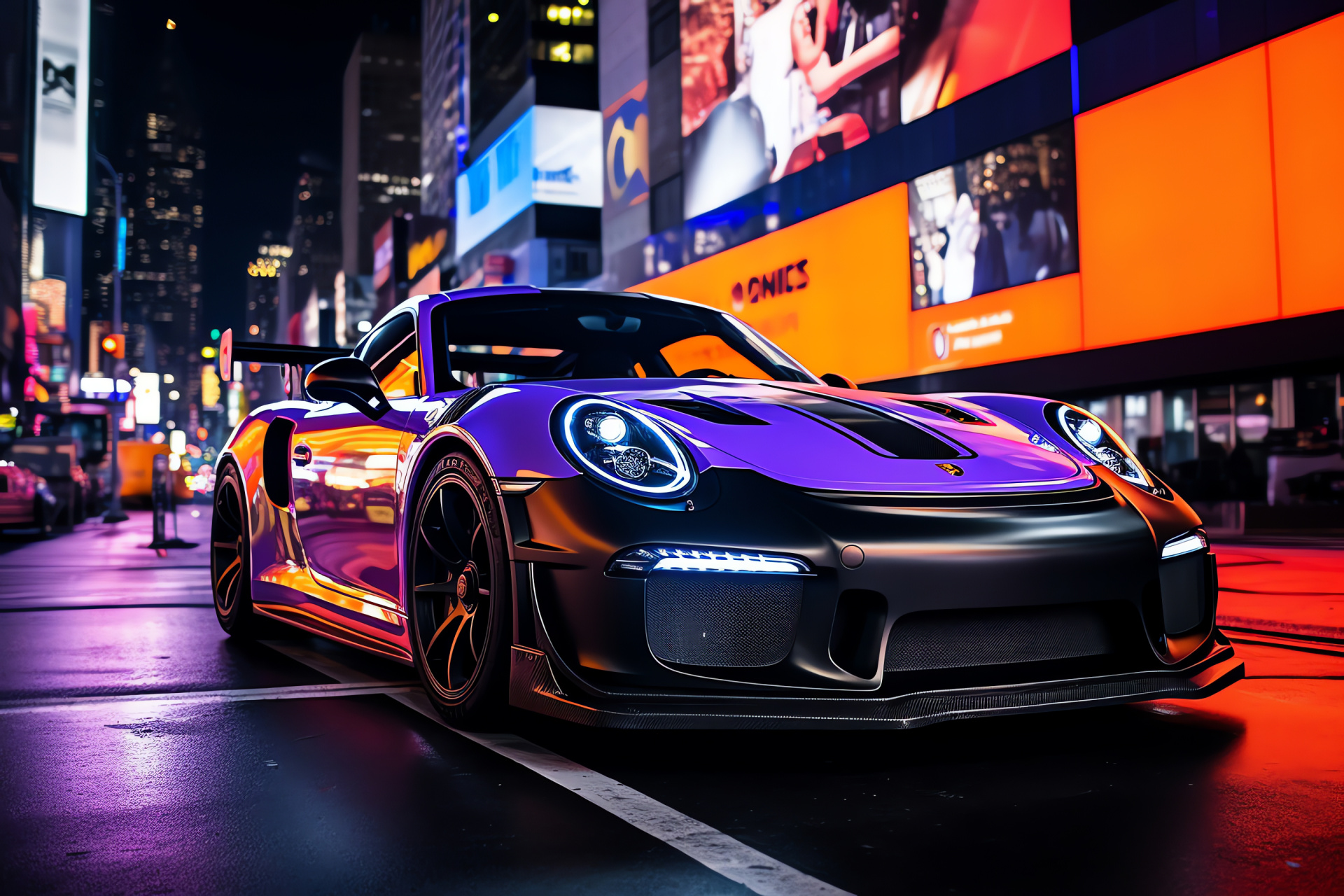 Porsche GT3 RS, NYC backdrop, Times Square lights, Illuminated advertising, Metropolitan night, HD Desktop Image