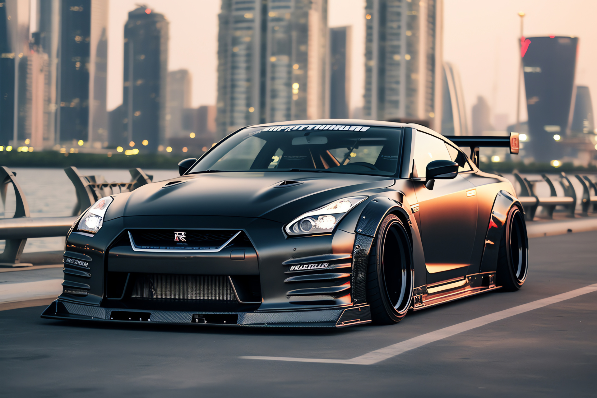 Nissan GTR R35, Dubai skyline, Liberty Walk customization, Widebody street presence, UAE luxury aura, HD Desktop Wallpaper