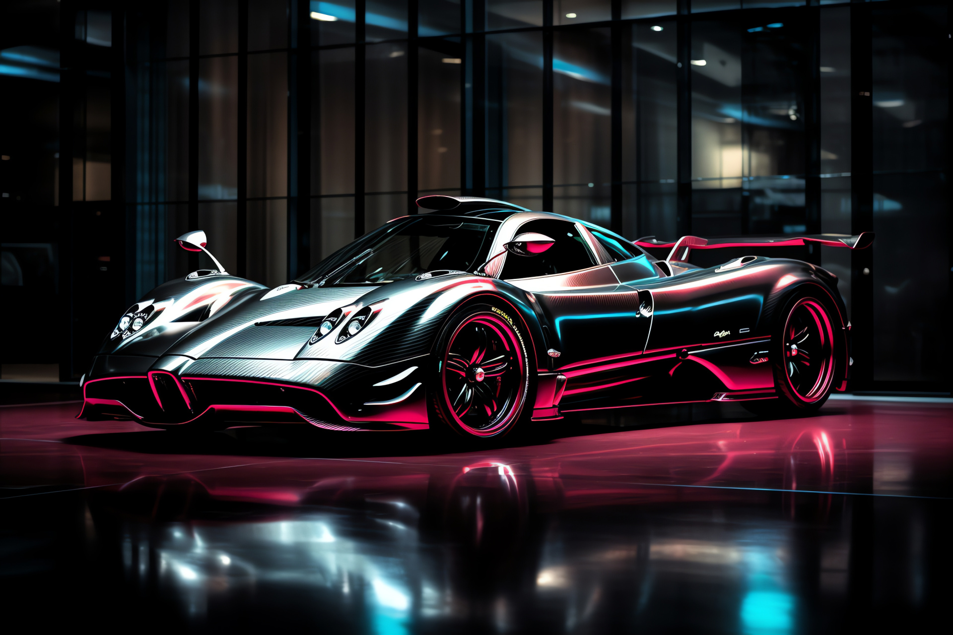 Pagani Zonda F Night Rider, Neon lit streets, Supercharged appearance, Red metallic shine, Luxe automobile, HD Desktop Image