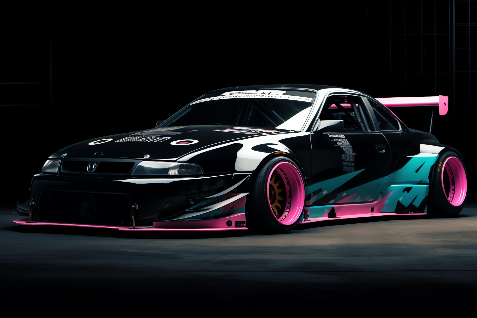 Nissan Silvia customization, Rocket Bunny silhouette, Patterned backdrop, Color block design, Custom vehicle skin, HD Desktop Image