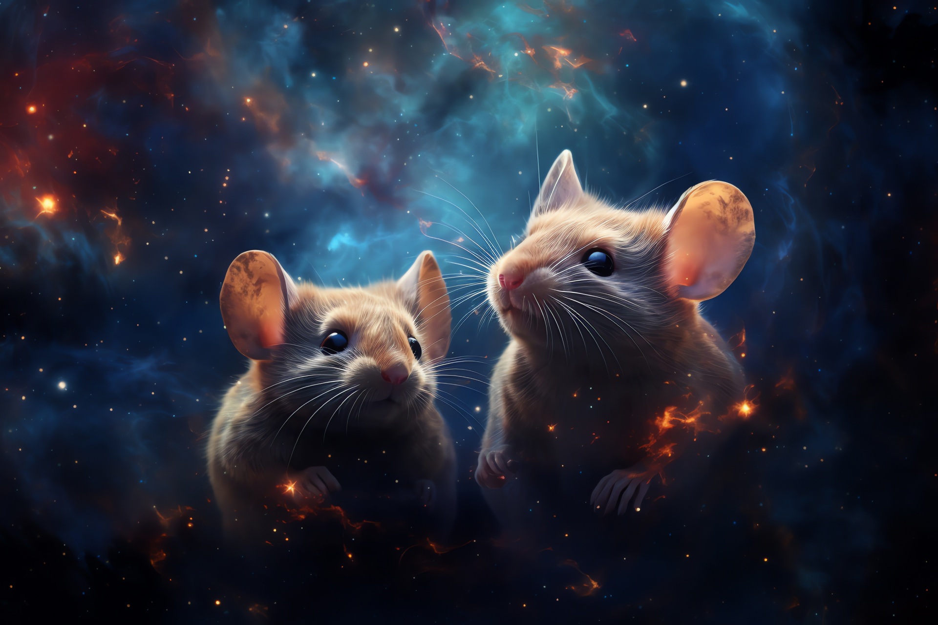 Mice Galaxies collision, Cosmic ballet artistry, Blue-orange stellar dance, Galactic interaction, Celestial dynamics, HD Desktop Image