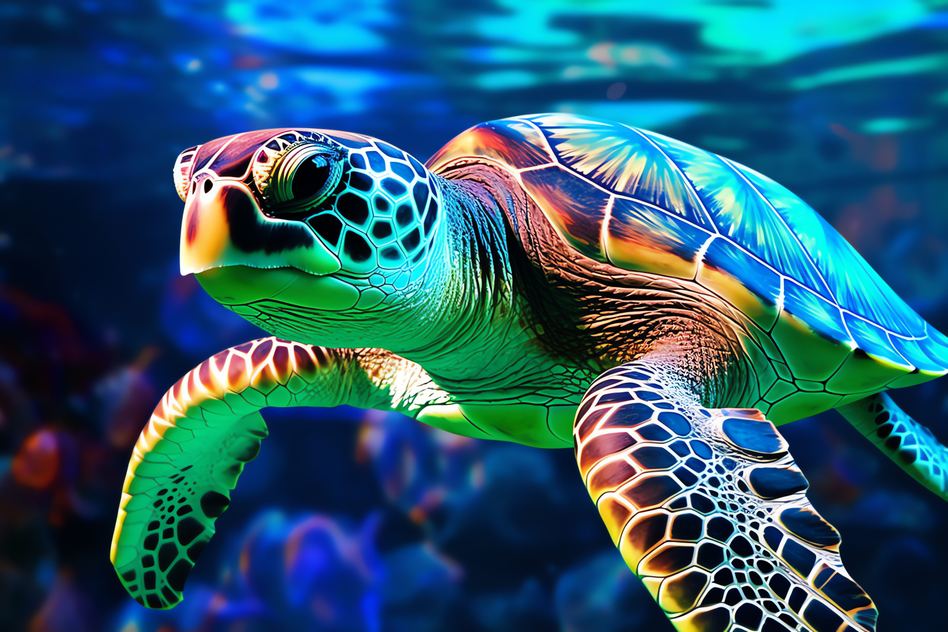 Marine reptile, Sea turtle species, Turtle aqua scales, Oceanic blue-green tints, Marine bi-color background, HD Desktop Wallpaper