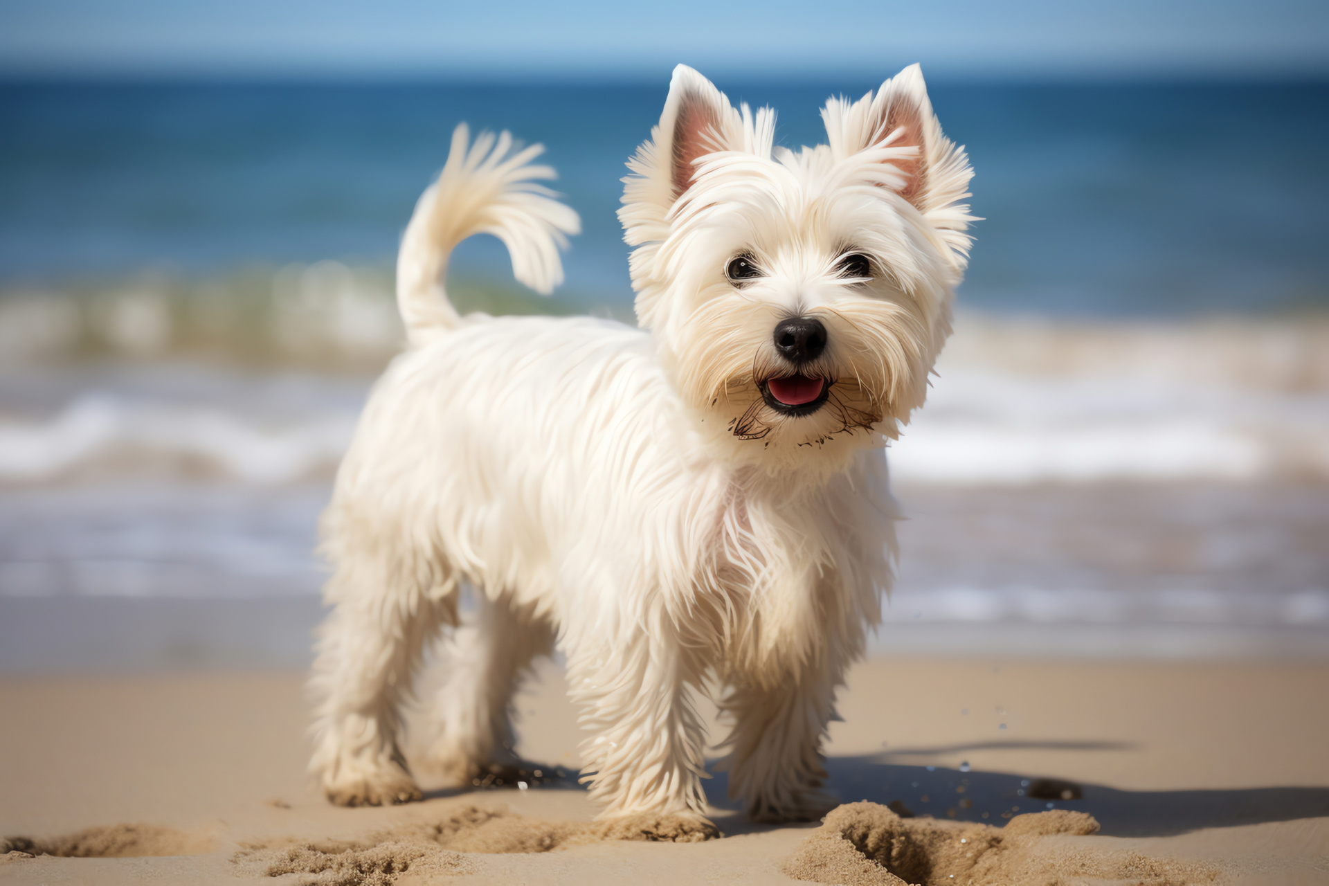 Playful Westie disposition, Attentive terrier look, White canine coat, Medium fur quality, Animal exuberance, HD Desktop Image