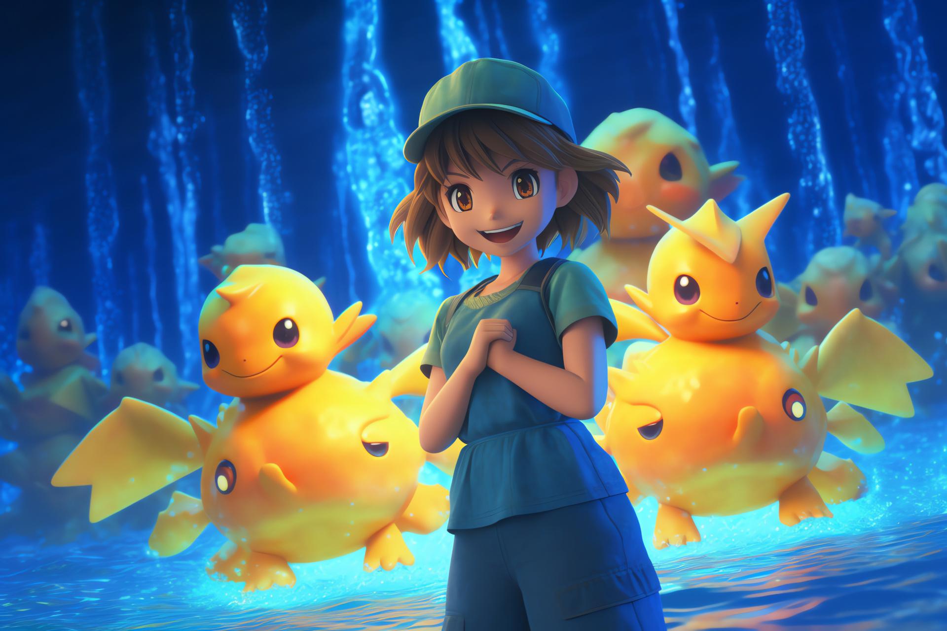 Orange-haired Misty depiction, Green-eyed Pokemon partner, Casual yellow attire, Gaming character portrayal, Animated classic, HD Desktop Image