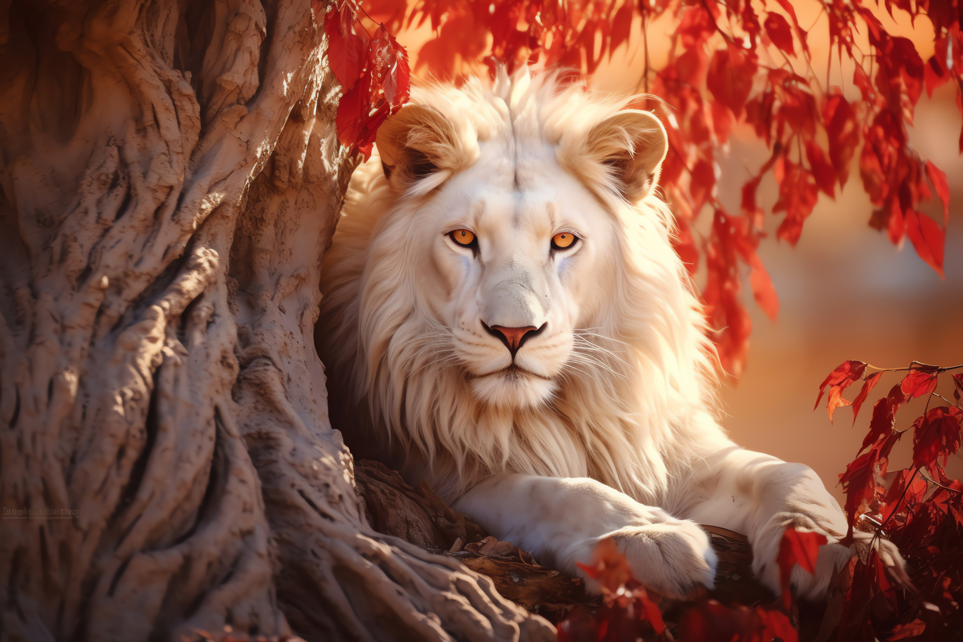 White Lion realm, Regal pride leader, Majestic mane-display, Autumnal foliage, Landmark Baobab, HD Desktop Wallpaper