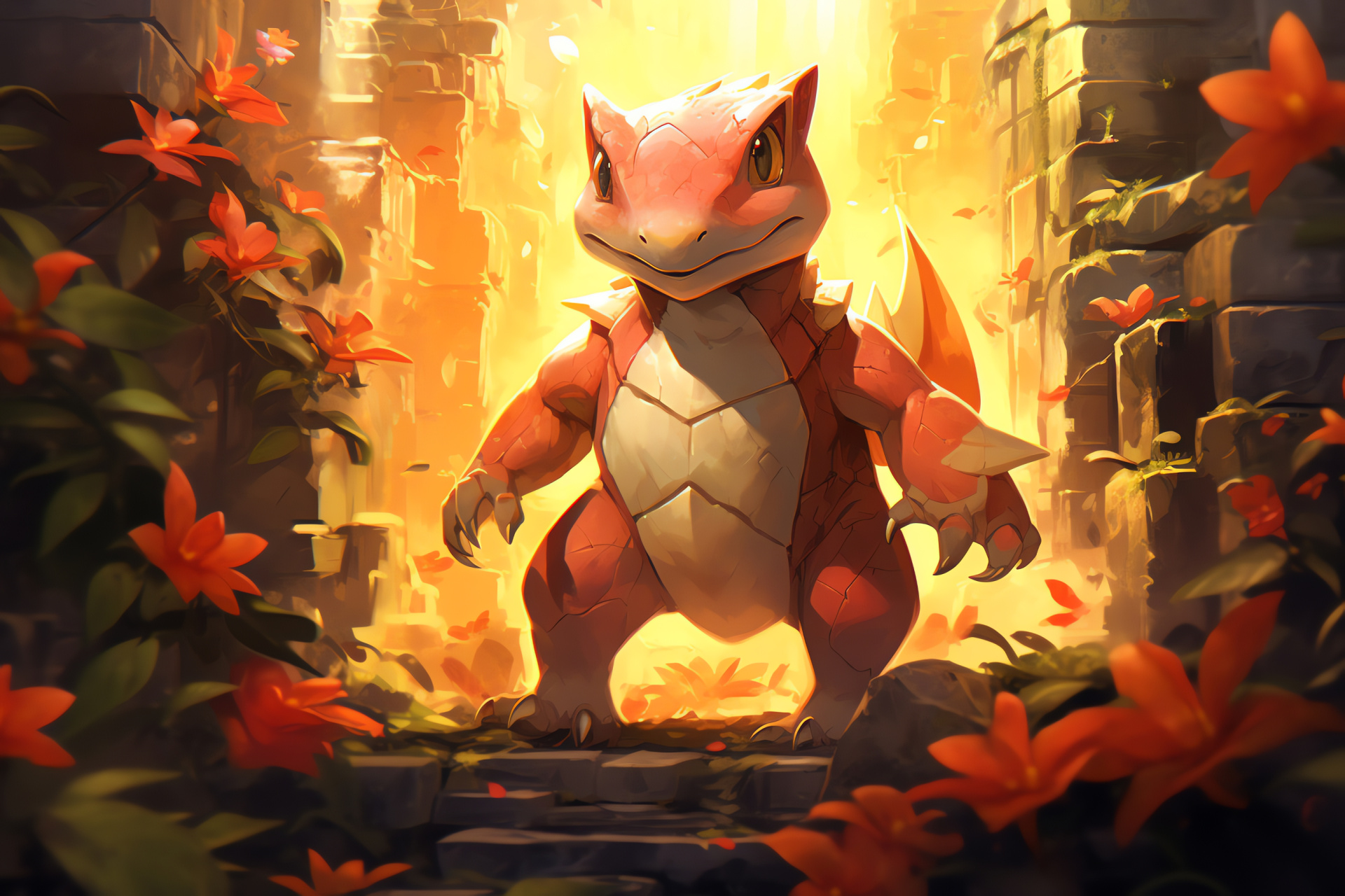 Pokemon Charmeleon exploration, Historic site setting, Luxuriant plant life, Sunlit scene, Archaeological texture, HD Desktop Wallpaper