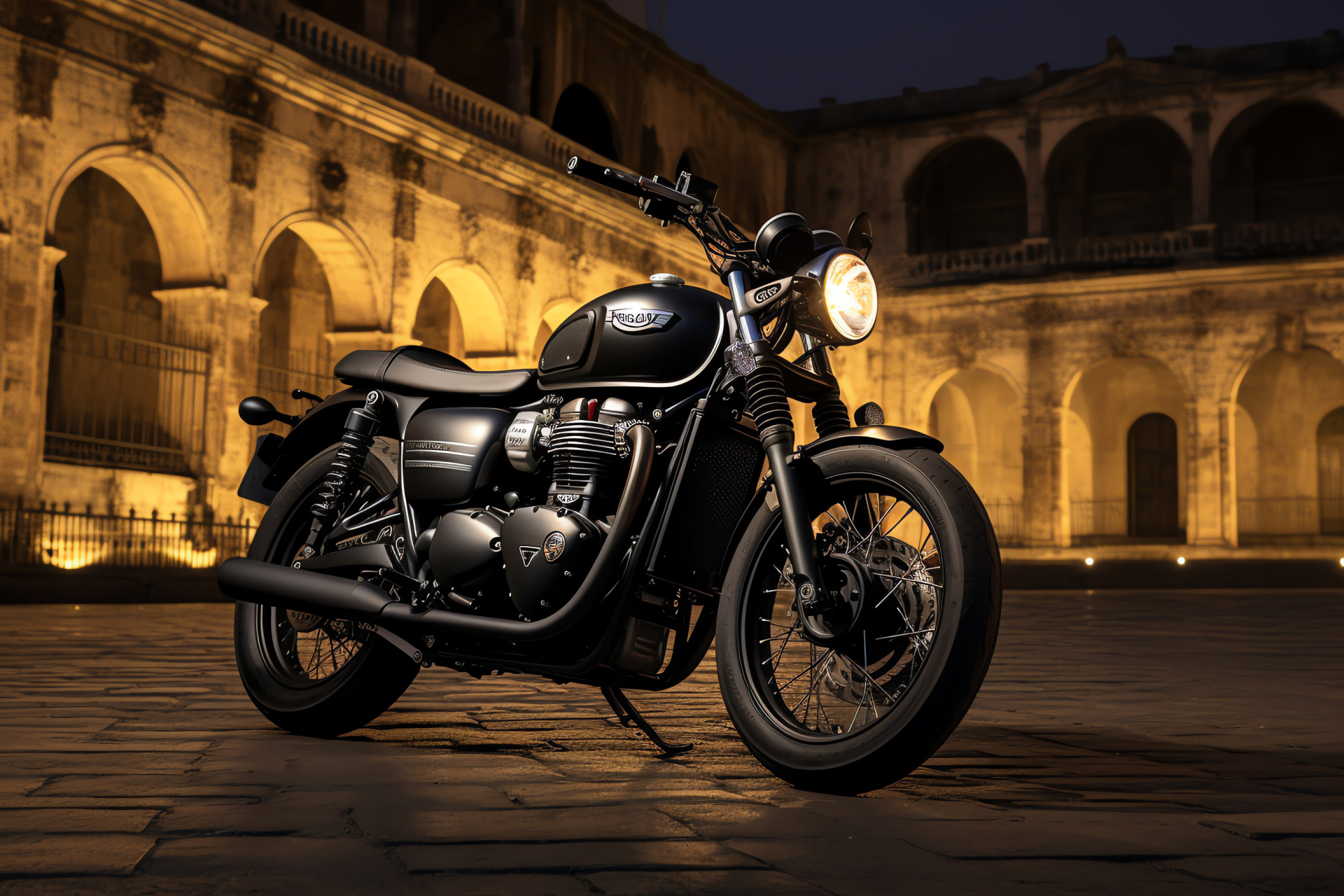 Triumph Bonneville, Italian capital city scene, T100 Black motorcycle, Elegant matte aesthetics, Historical architecture, HD Desktop Image