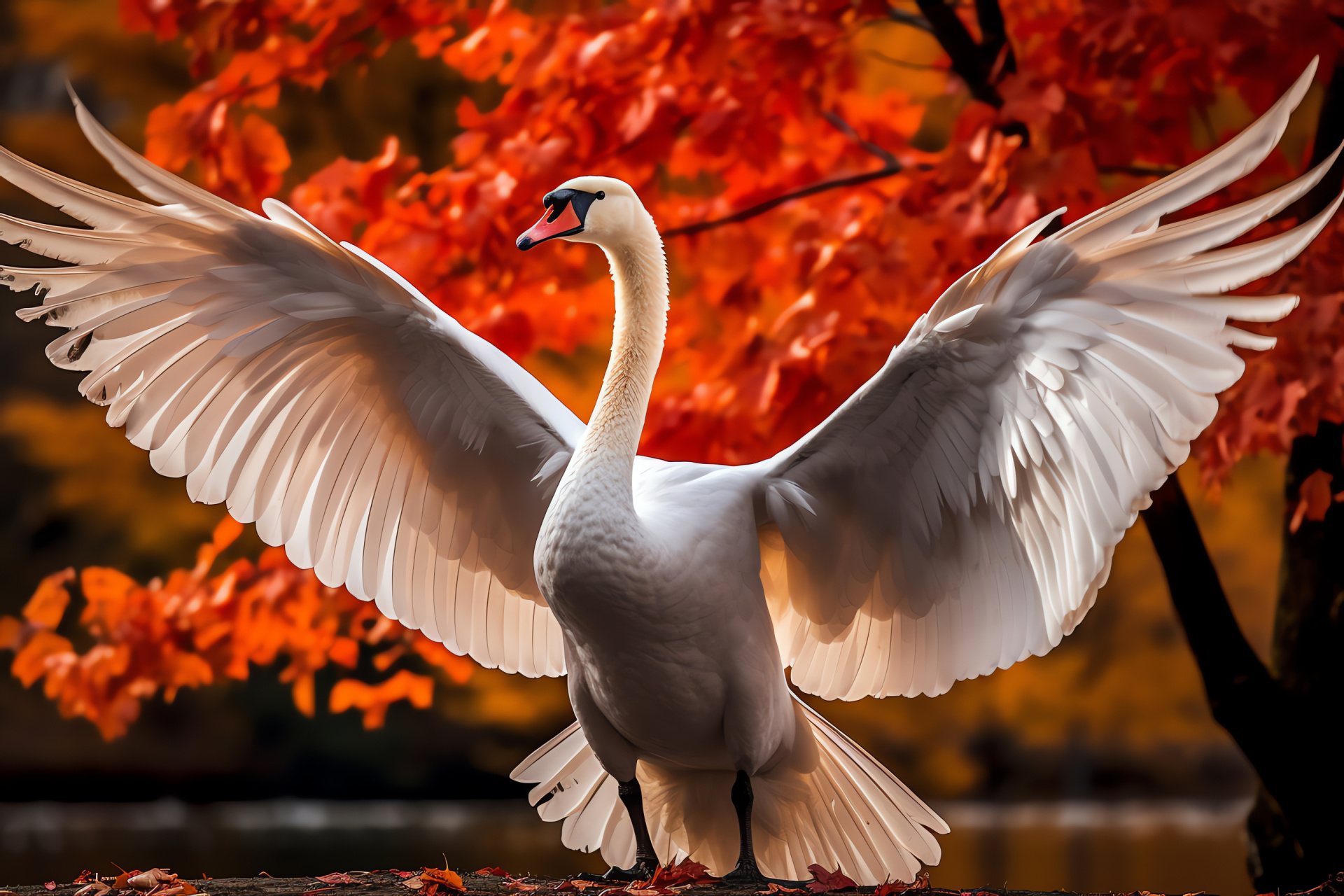 Majestic autumn swan, grand wing display, fall season waterscape, feathered grace, avian splendor, HD Desktop Wallpaper