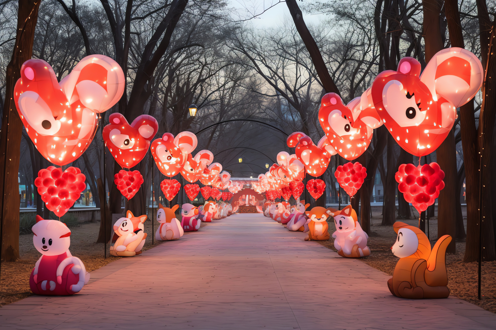 Valentine outdoor event, Amorous atmosphere, Municipal park setting, Floating romantic symbols, Levitating heart shapes, HD Desktop Wallpaper