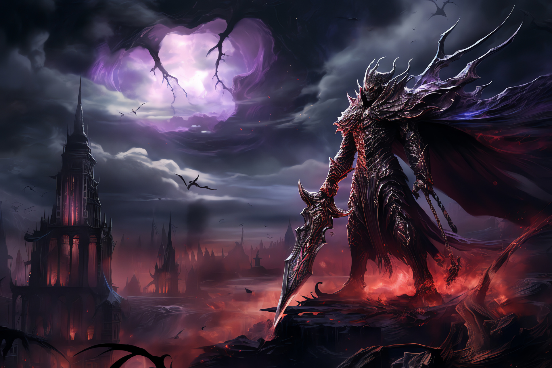 Nightmare Soul Calibur antagonist, Eerie Dark Capital, Menacing purple haze, Blood-red sky, Combatant profile, HD Desktop Wallpaper