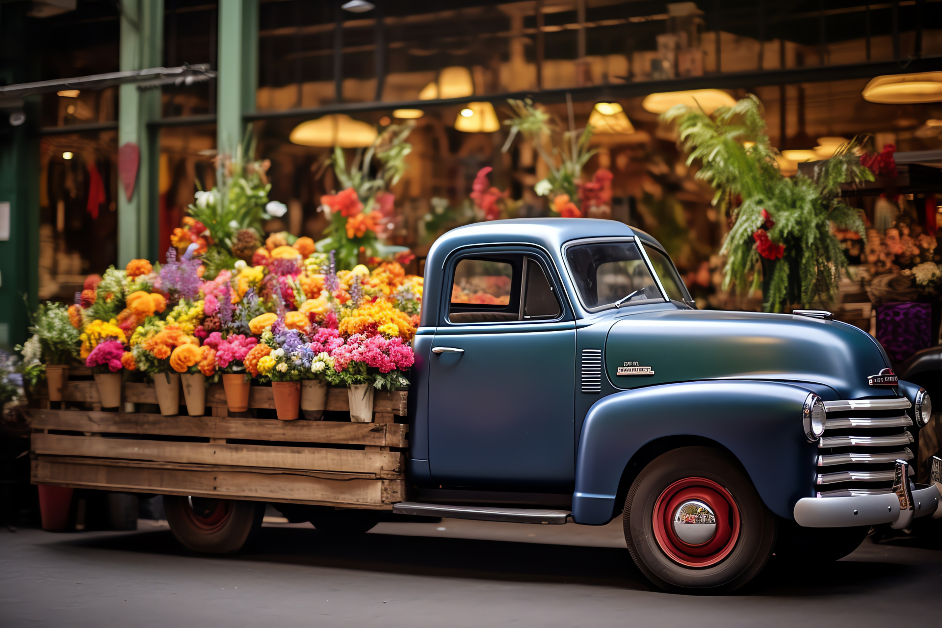 Chevy Truck florist, public market scene, bloom display, fragrance, foliage freshness, HD Desktop Image