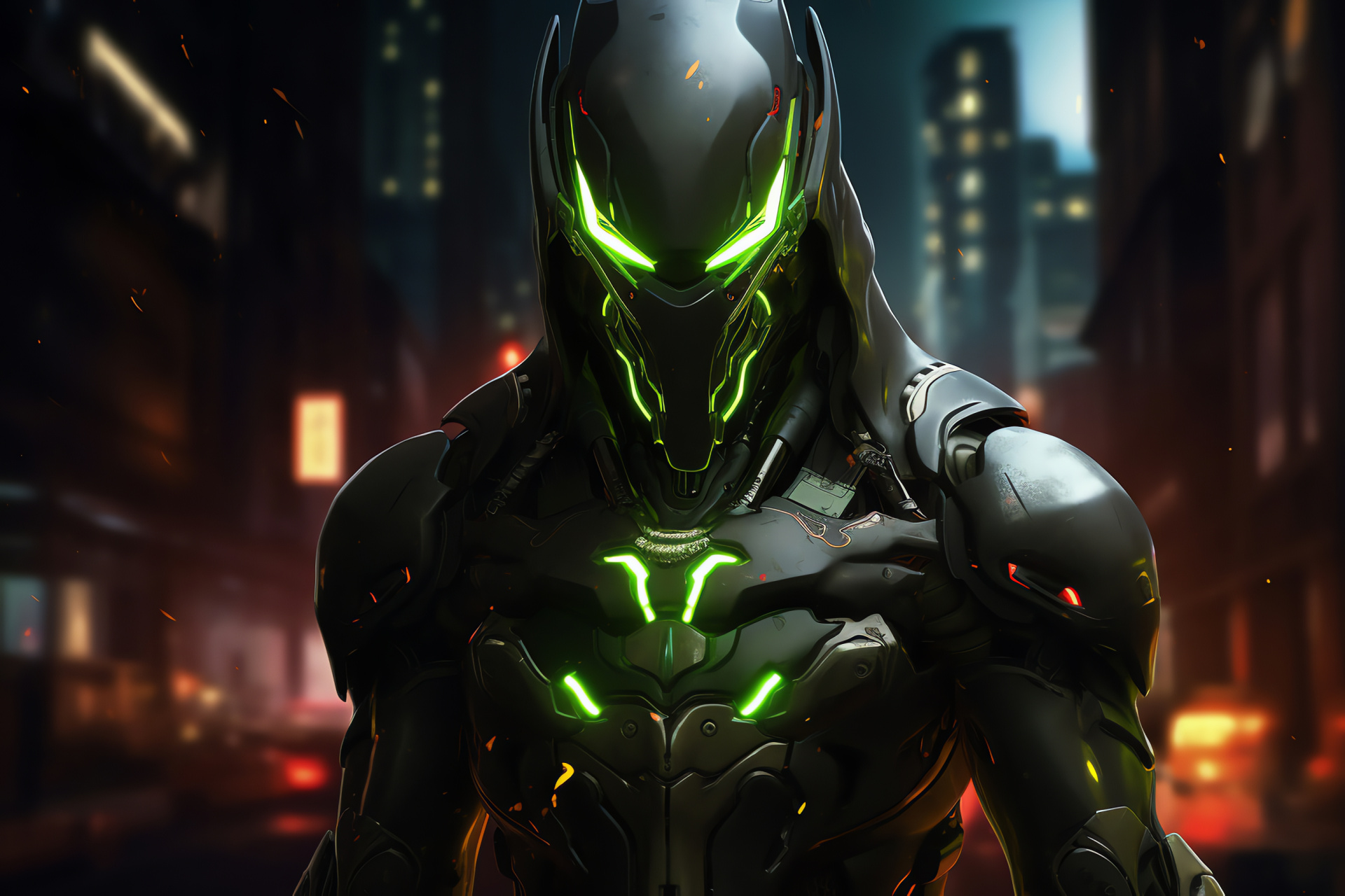 Overwatch Genji, Close-up art, Cybernetic visuals, Graphic rendering, Ninja character, HD Desktop Image