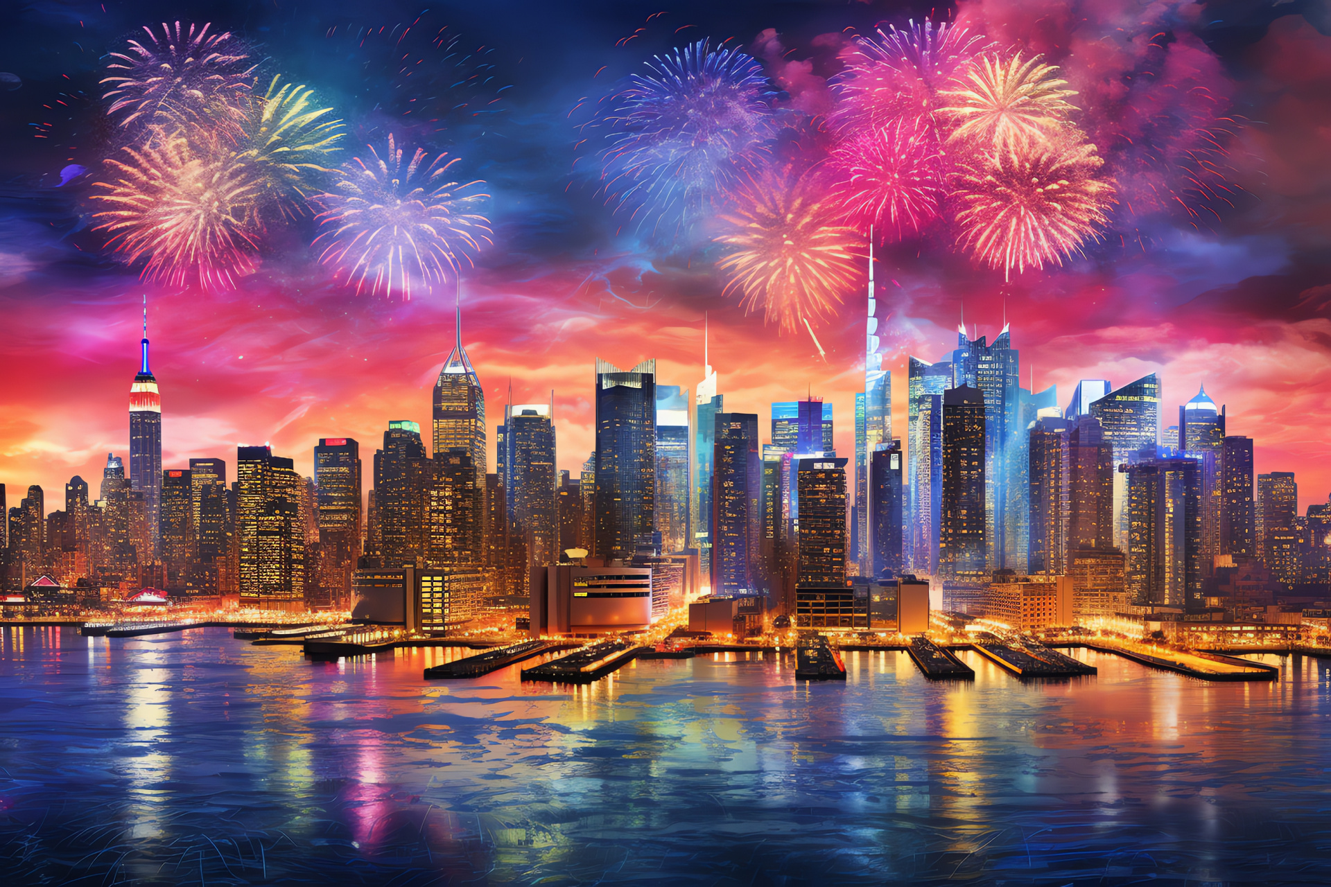 New Year's Eve 2018, City celebration, Night skyline, Festive aerial pyrotechnics, Urban enthusiasm, HD Desktop Wallpaper