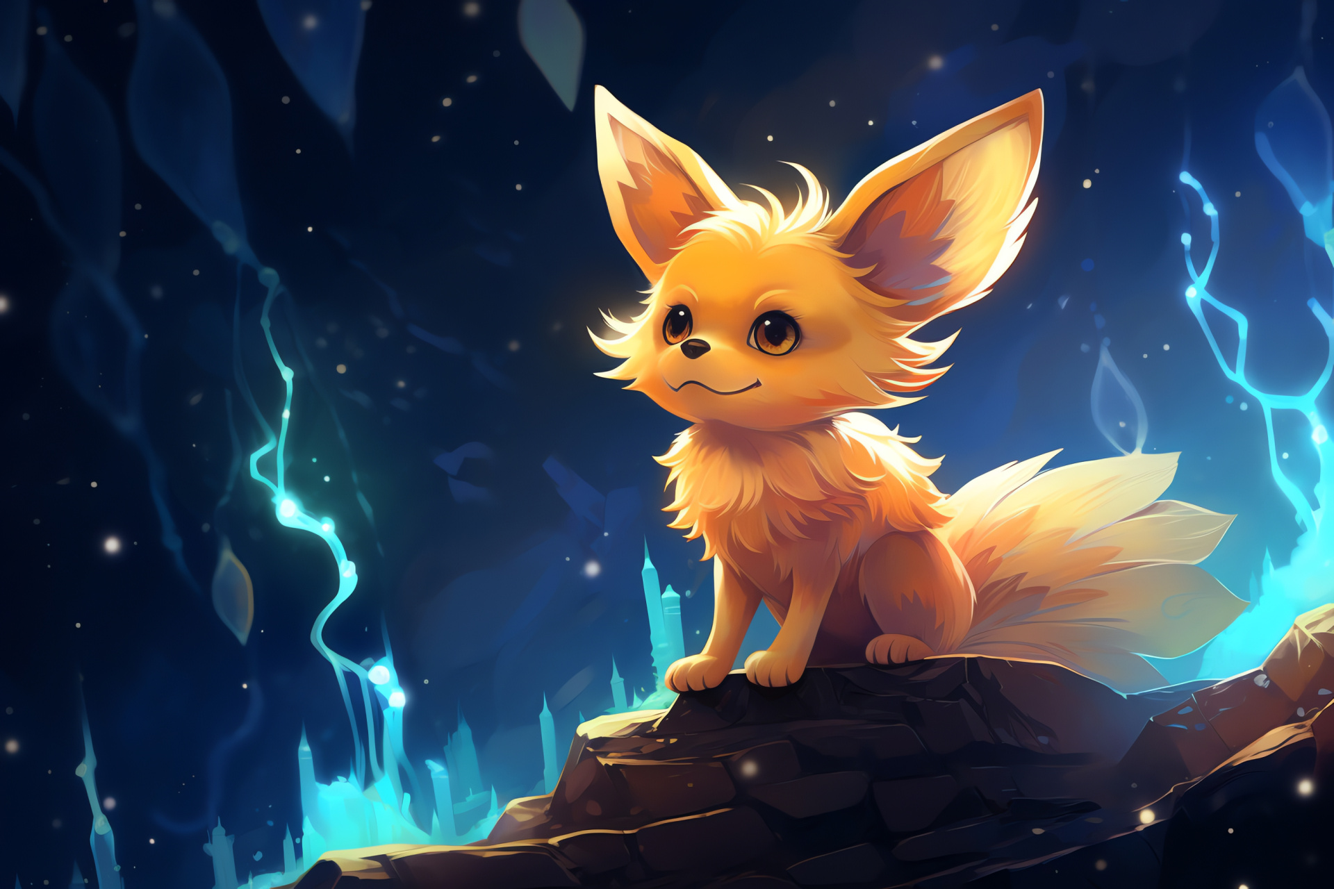 Celestial Fennekin, astral firmament, marine horizon, lunar brilliance, Pokemon fantasy, HD Desktop Wallpaper