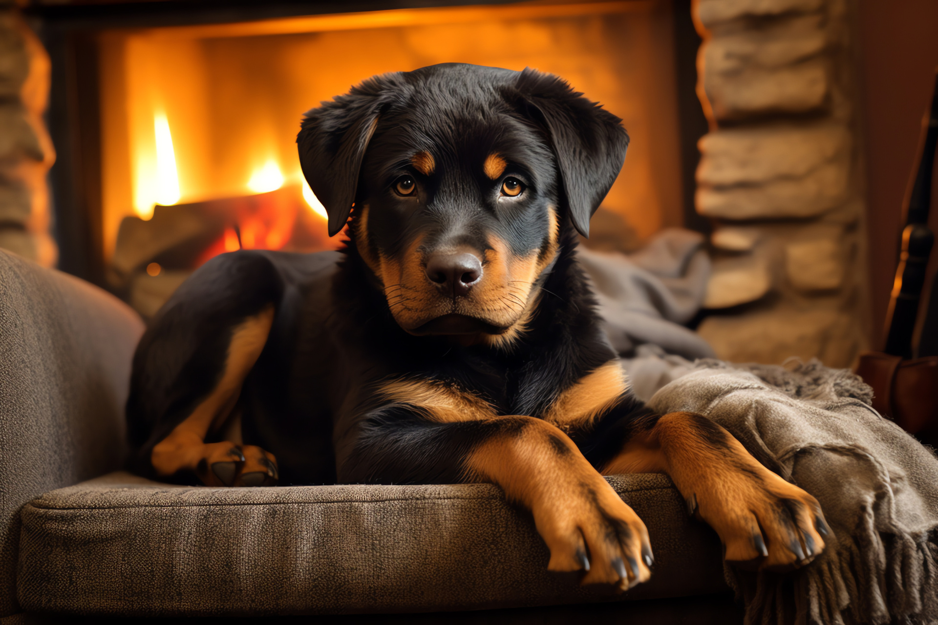 Adult Rottweiler portrait, Dog black coat, Rottweiler brown eyes, Pet short-haired, Domestic fireplace setting, HD Desktop Image