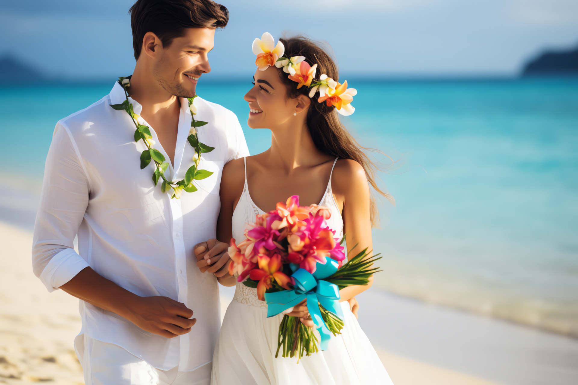 Coastal union, Oceanside flora, Seashore nuptials, Sunlight celebration, Tropical sentiment, HD Desktop Image