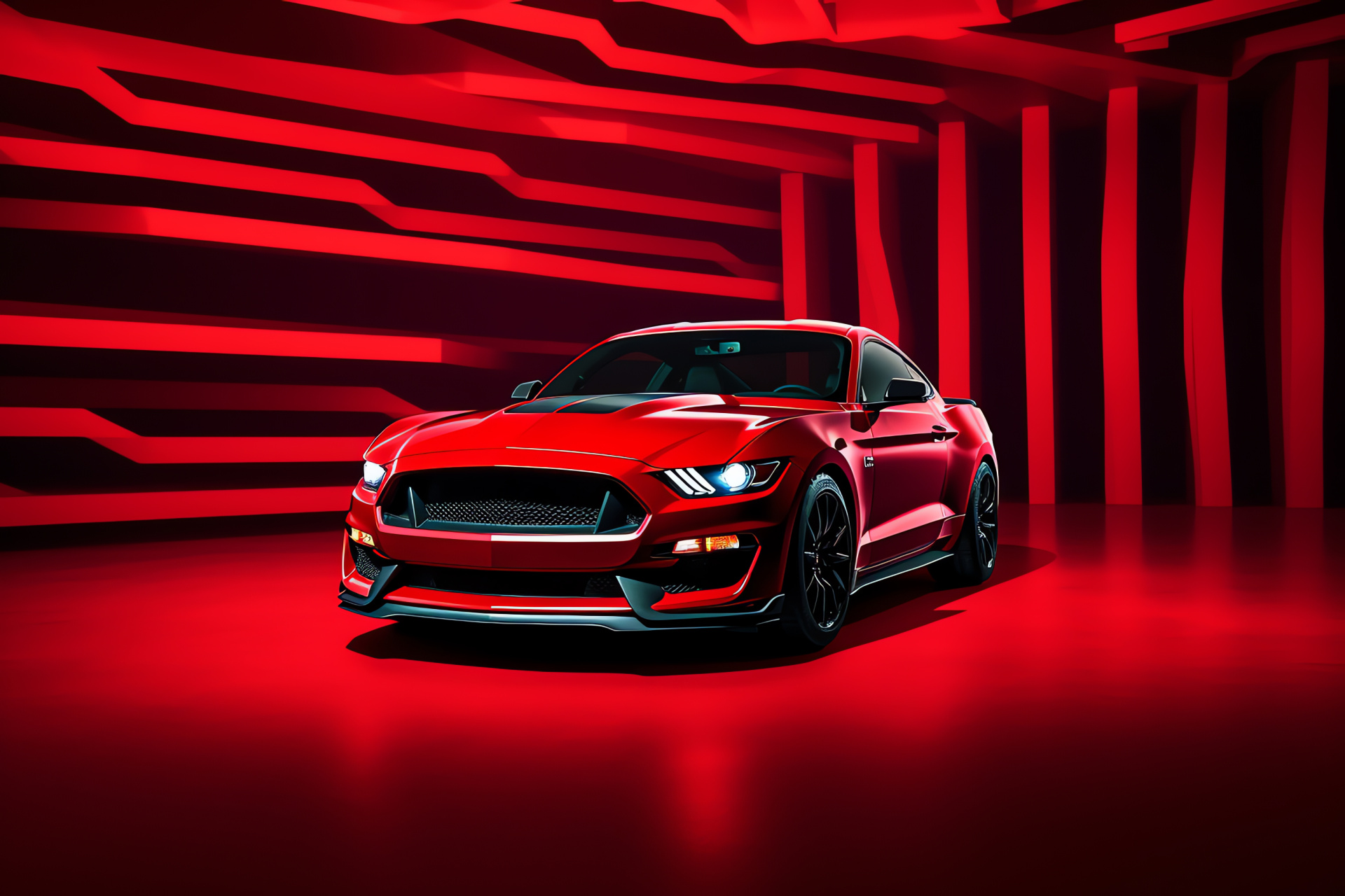 Ford Mustang GT350, Monochromatic red scenery, Expansive angle, Saturated hues, HD Desktop Wallpaper