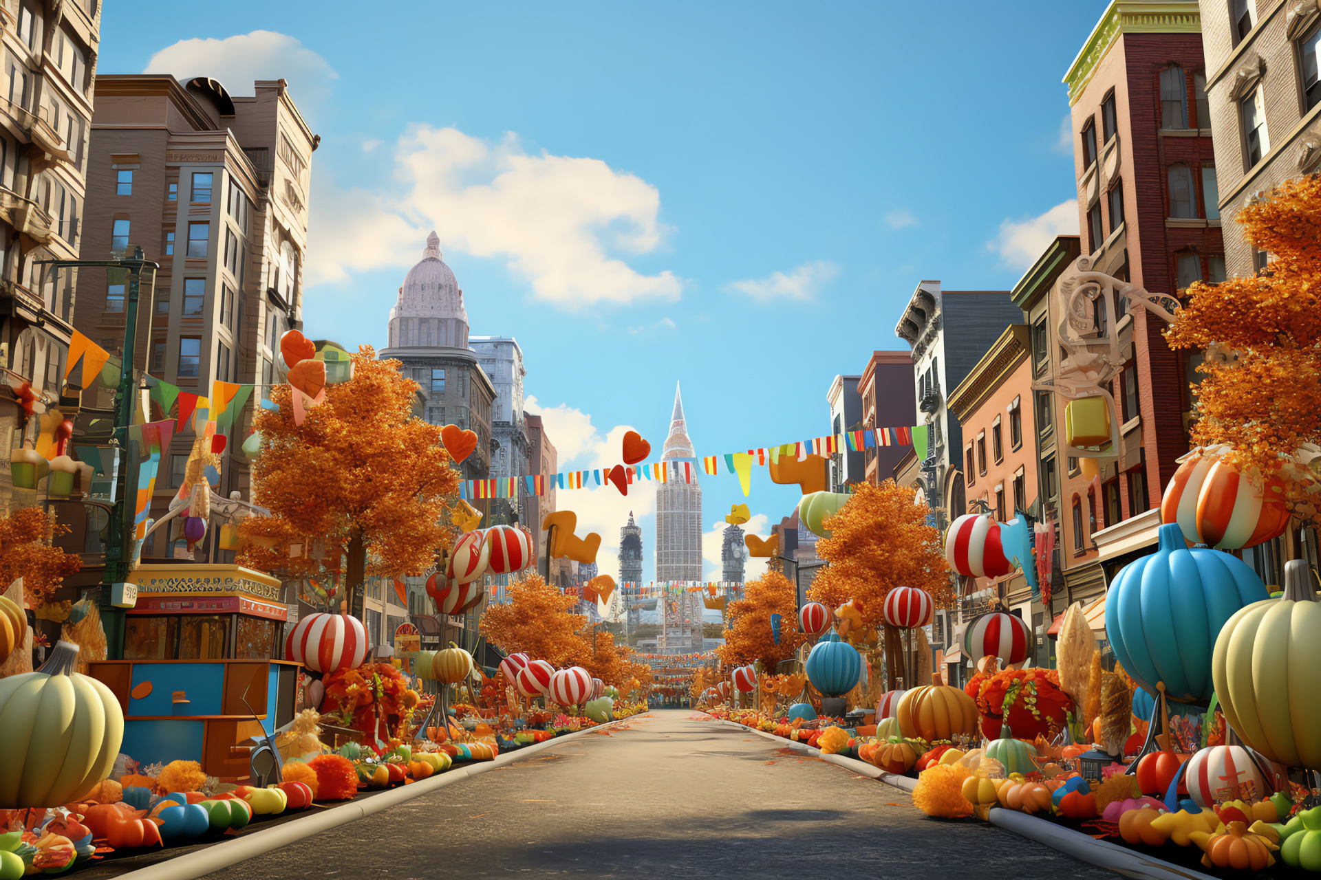 Thanksgiving animation, Virtual reality scene, holiday processional, imaginative floats, festive depiction, HD Desktop Image