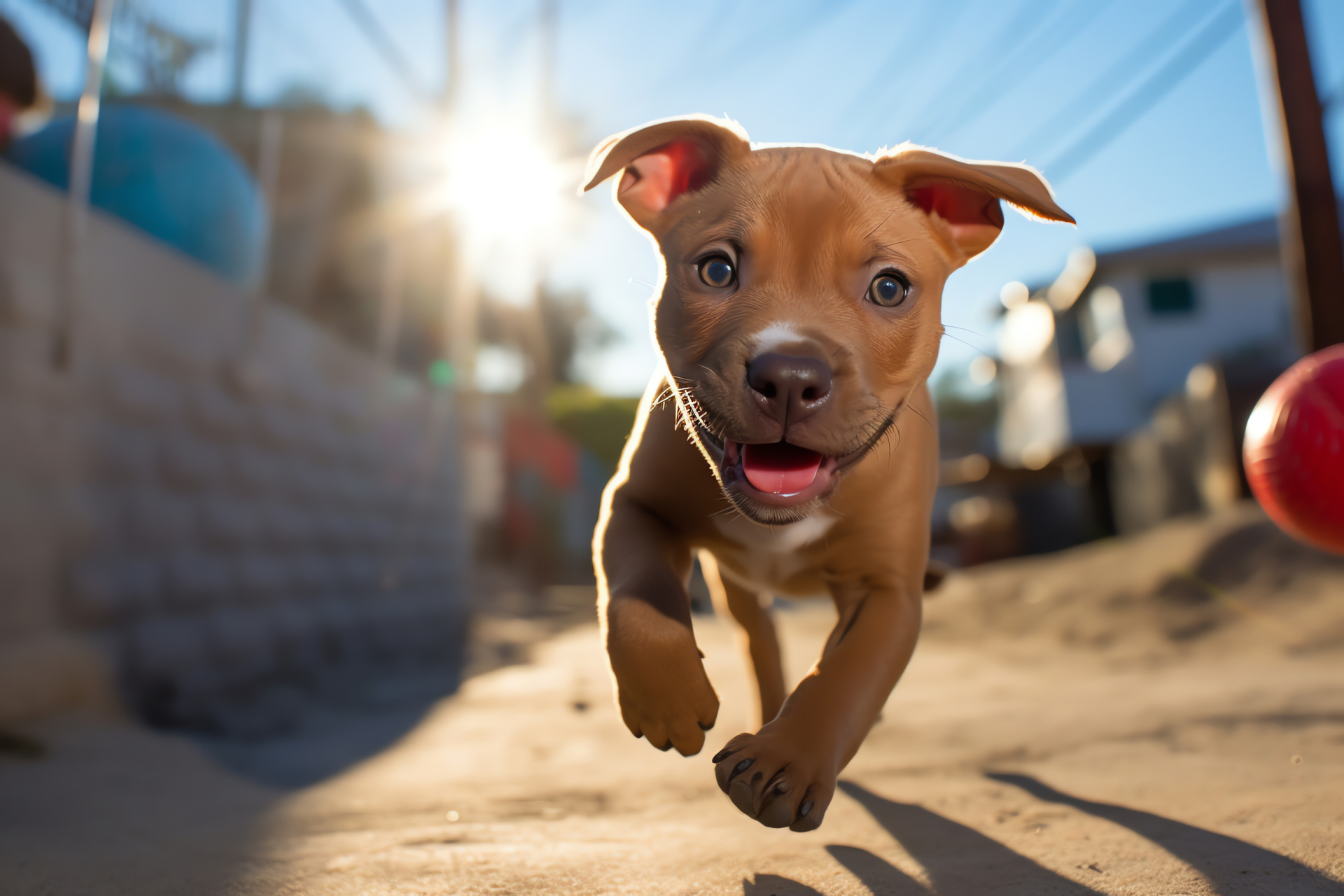 Playful Pitbull puppy, Aerial action capture, Shiny copper fur, Youthful energy, Pet playtime, HD Desktop Image