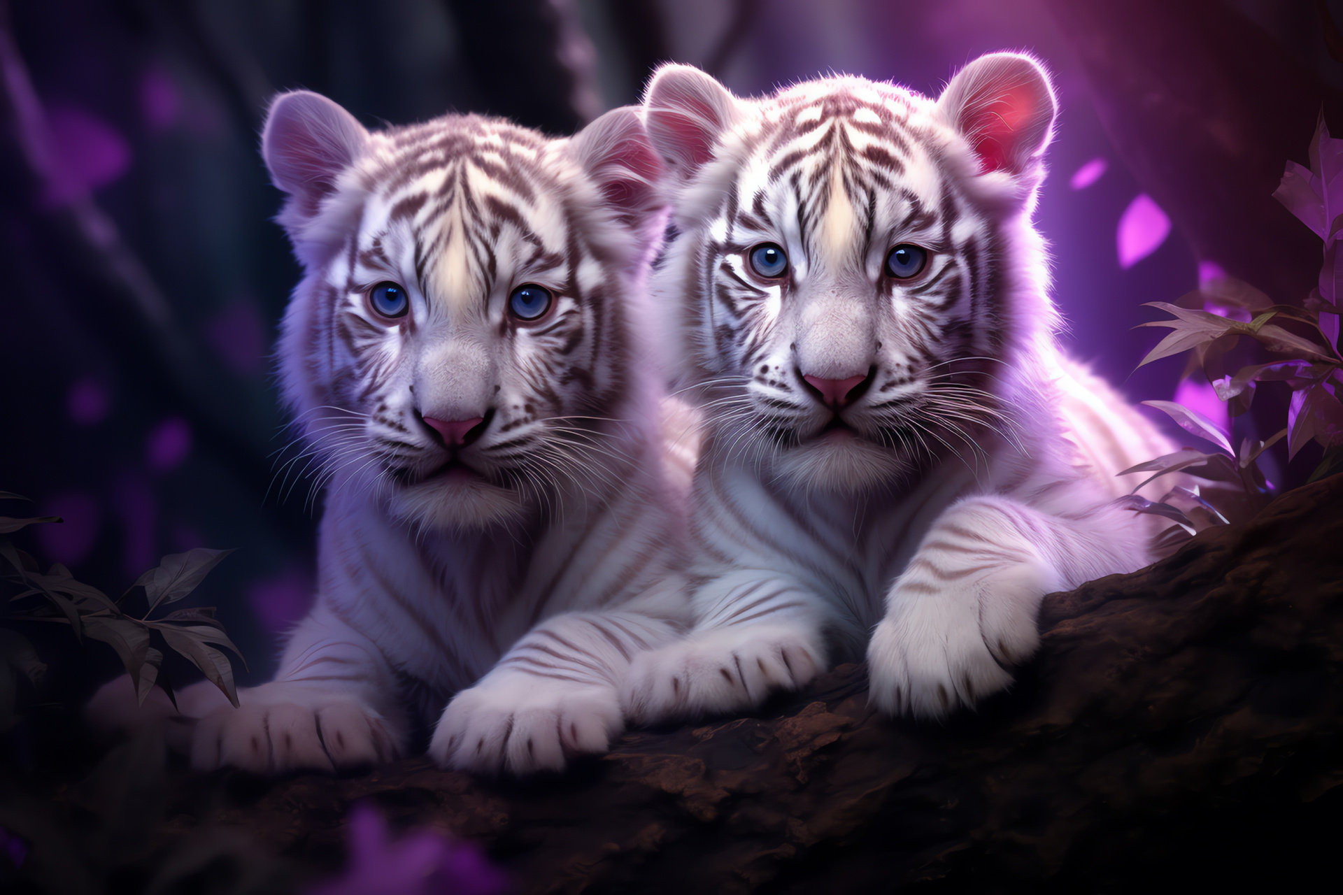 White Tiger Cubs, Amethyst mystique, Midnight arboreal, Furry innocence, Lunar inspiration, HD Desktop Image