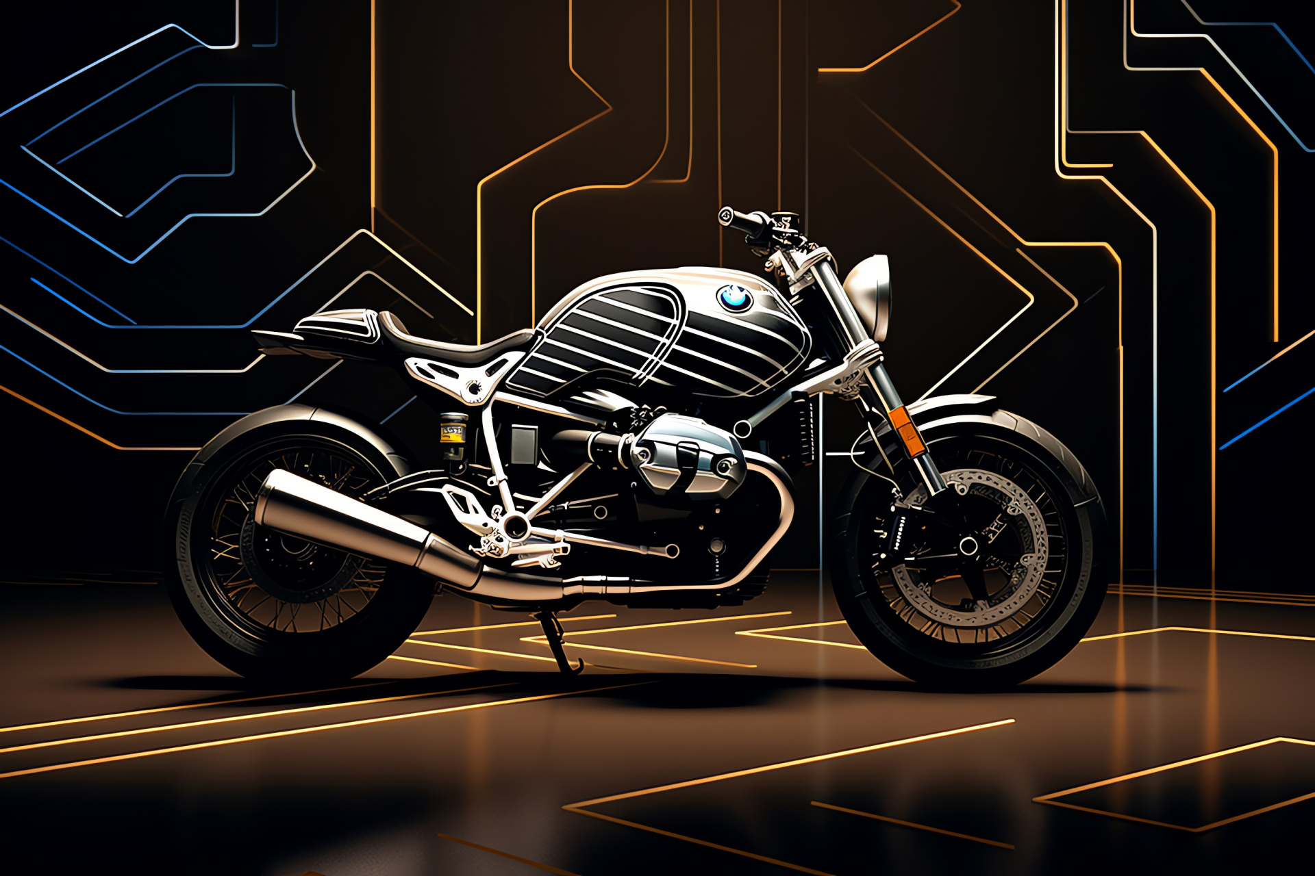 BMW R nineT depiction, Motorcycle elegance, Classic modern fusion, Artistic framework view, Urban cycling heritage, HD Desktop Wallpaper