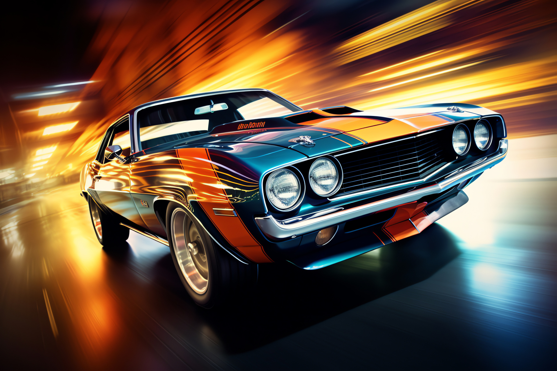 Muscle vehicle power, Raw automotive force, Vortex backdrop, Classic car design, American auto, HD Desktop Image