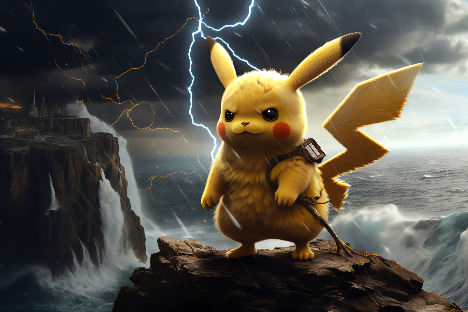 Electric-type mascot, Iconic yellow Pokmon, Thunderstorm scenario, Seaside cliff, Powerful electric discharge, HD Desktop Image