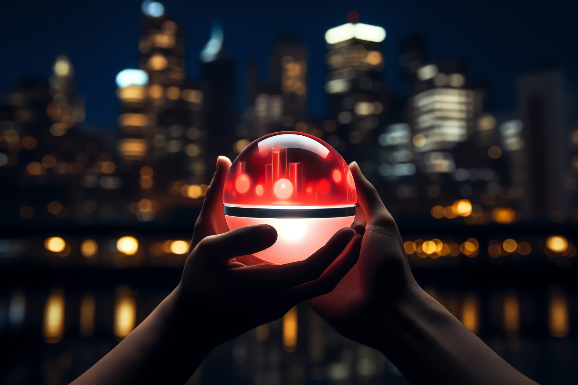 Pokeball at dusk, Metropolitan landscape, Reflective skyscrapers, Luminous urban aesthetic, Iconic sphere, HD Desktop Wallpaper