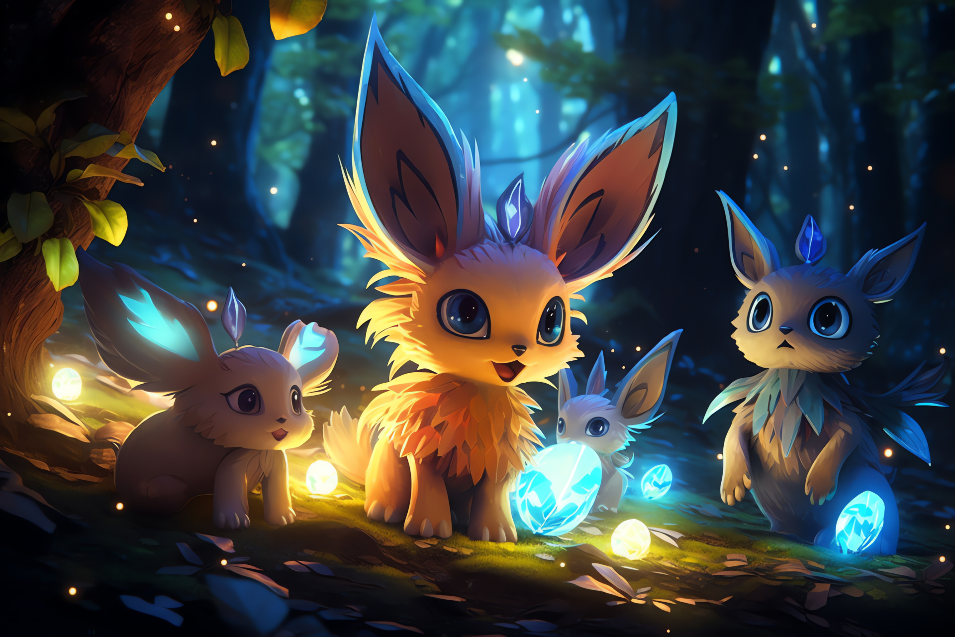 Eevee evolution Umbreon, Silhouetted woods, Moonlit glint, Nocturnal setting, Mystical appearance, HD Desktop Wallpaper