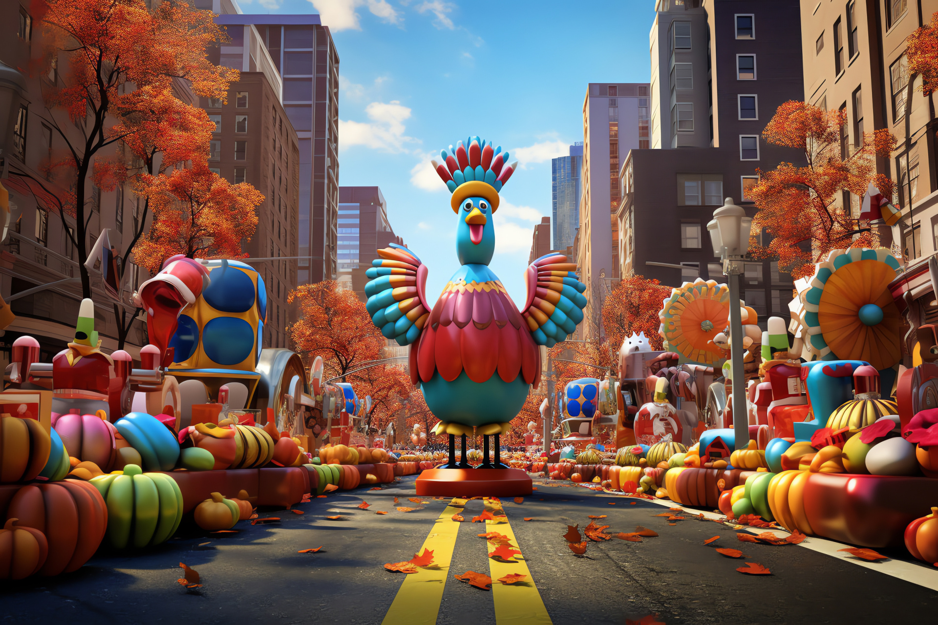 Thanksgiving day depiction, Stereoscopic holiday render, Festive parade imagery, Inflatable display, Creative holiday floats, HD Desktop Wallpaper