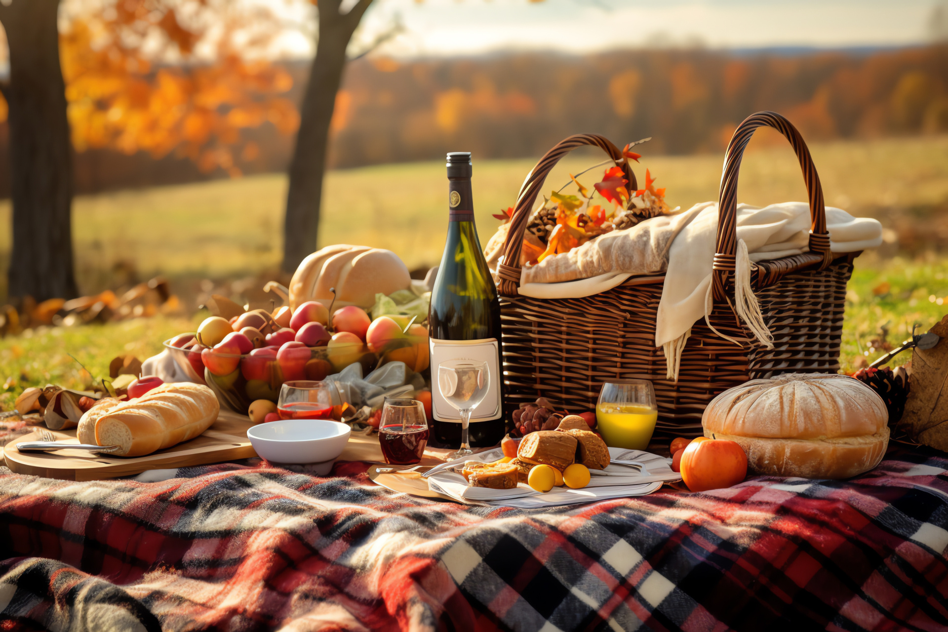 Thanksgiving festivity, Outdoor picnic scene, Rural autumn setting, Checkered blanket, Fall foliage scatter, HD Desktop Image