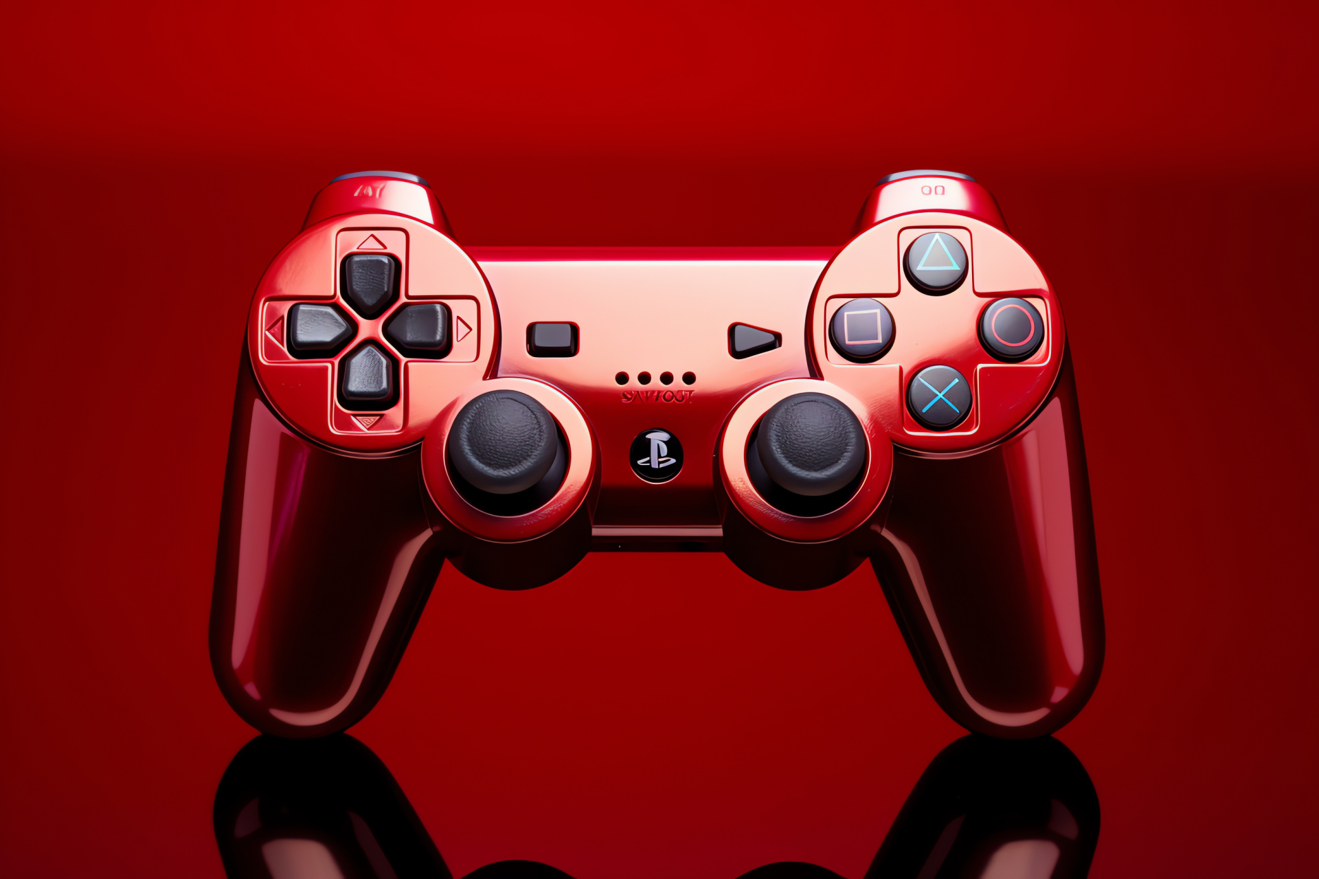 Fiery PS3 Controller, Lustrous red coat, PlayStation interface icons, Directional thumbsticks, Game interaction device, HD Desktop Image