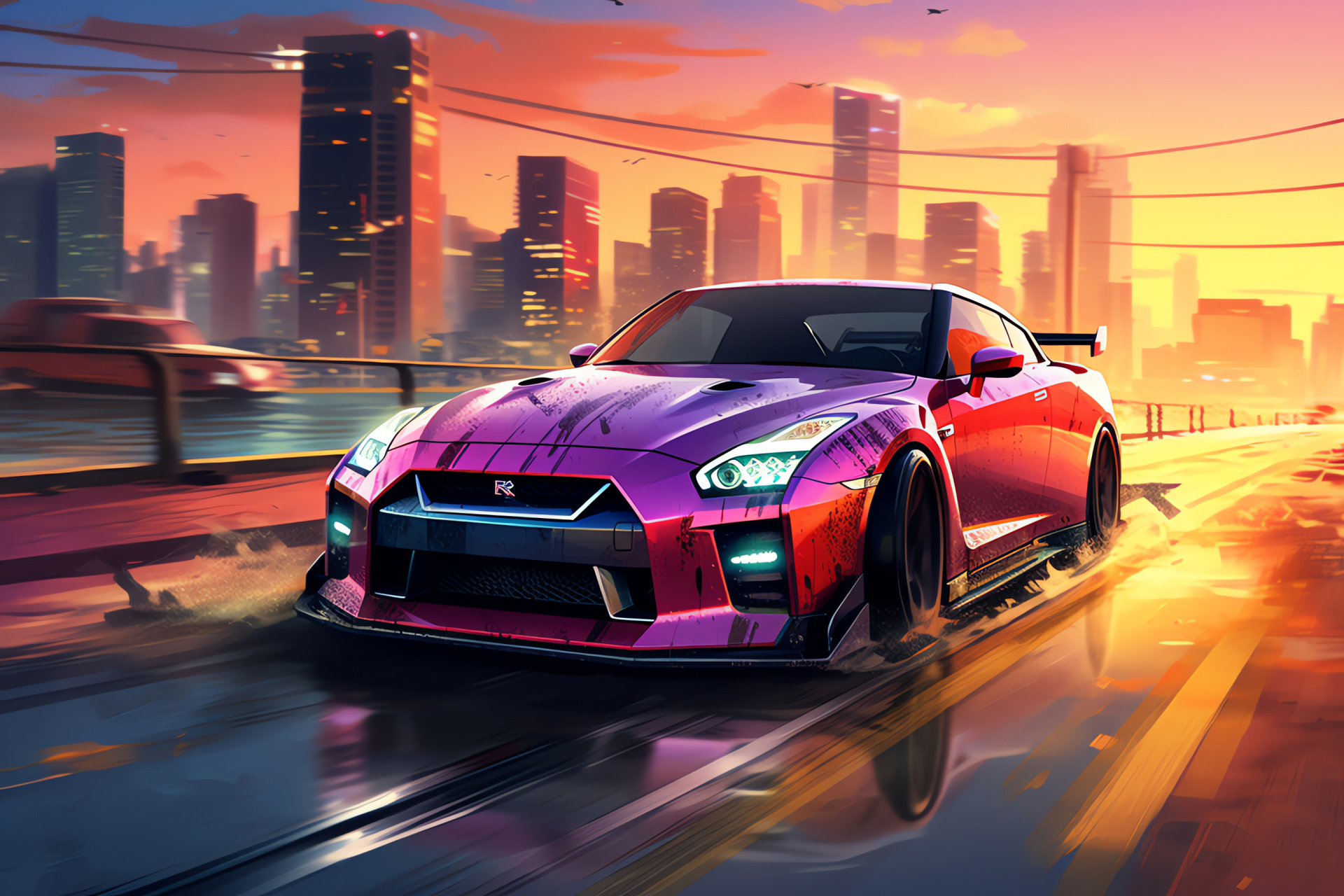 Nissan GTR, cyber-style art, city horizon, expansive scene, illuminated billboards, dusk sky, HD Desktop Image