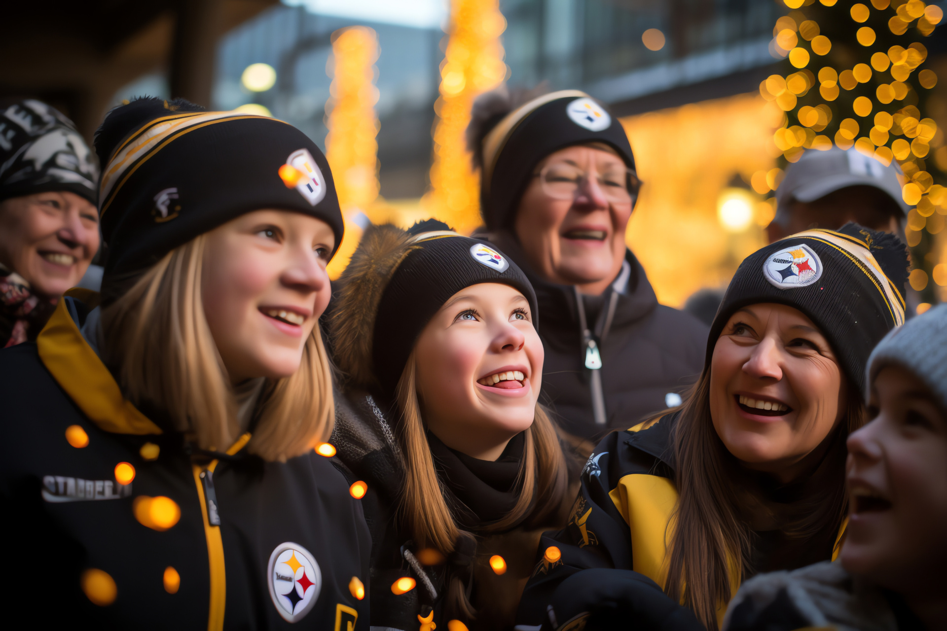 Football team holiday event, Ornamental Steelers pine, Festooned ambiance, Jersey clad fans, Winter celebration, HD Desktop Image