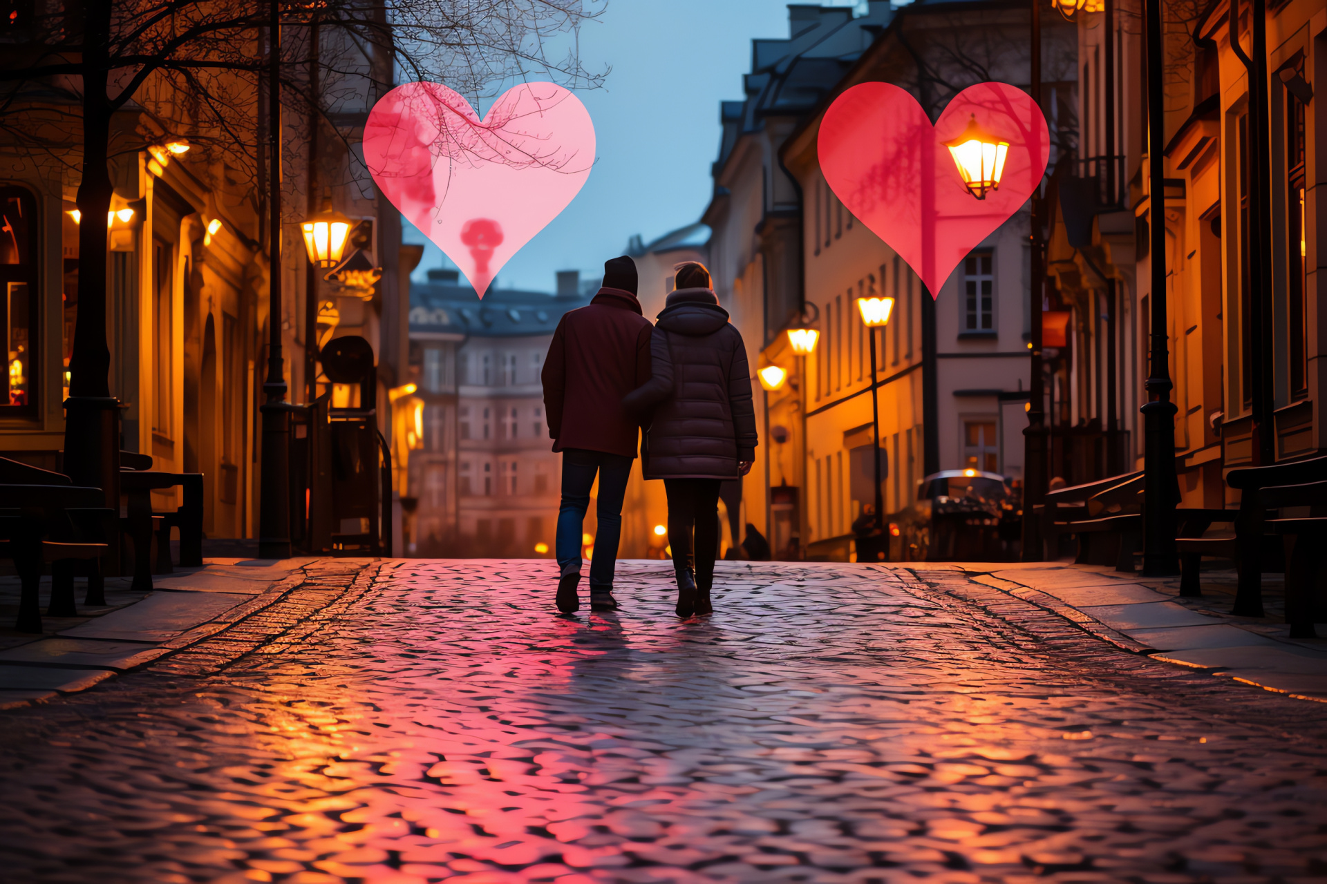 Romantic European exploration, Couple's retreat, Vintage streetscape, Love day architecture, Cultural vibrancy, HD Desktop Image