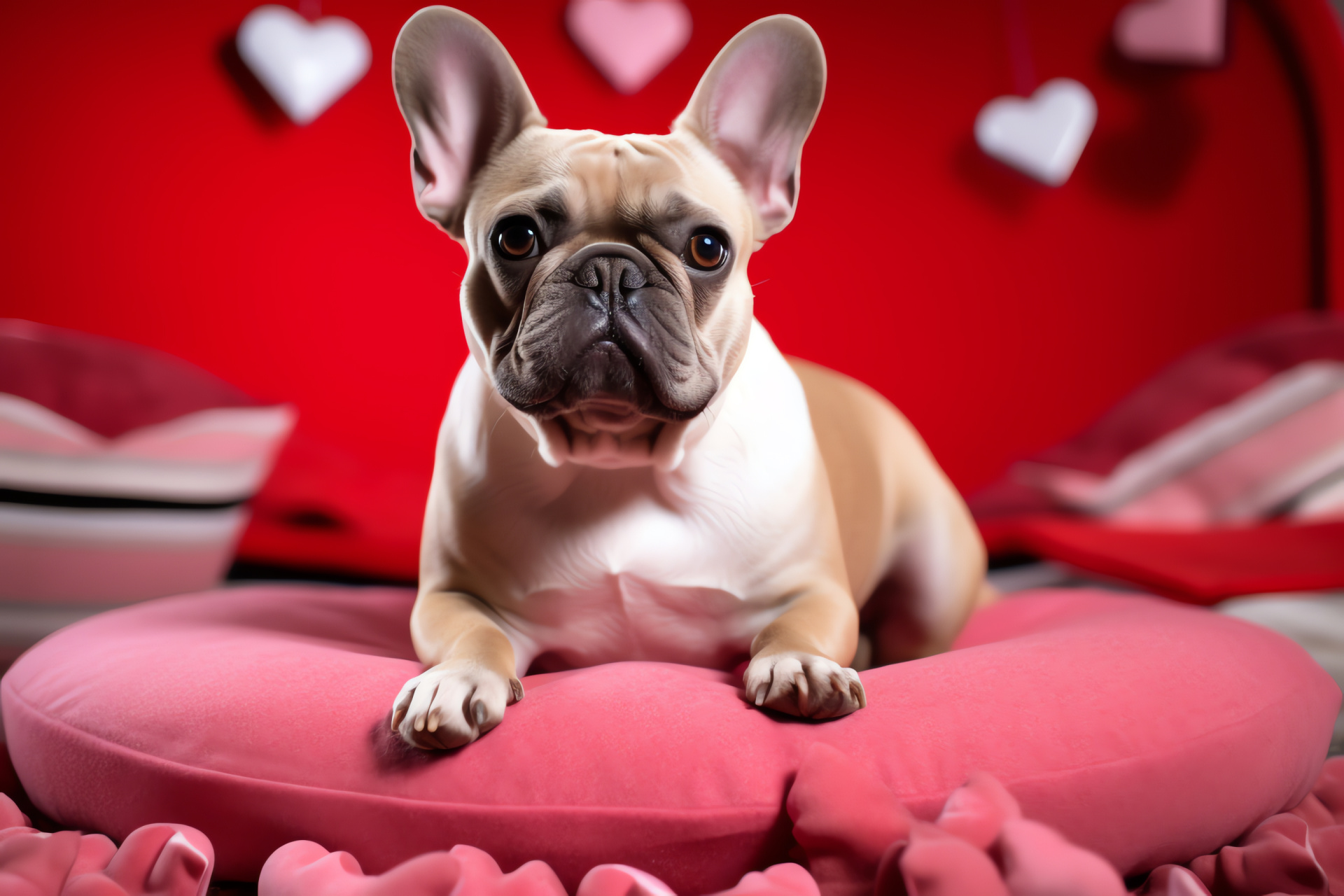 Valentine's French bulldog, Amorous pet, Plush furniture, Cuddly accents, Pampered pooch, HD Desktop Wallpaper