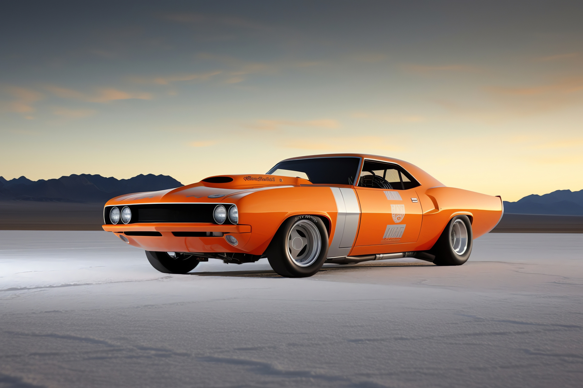 Plymouth Barracuda, saline flats, tangerine finish, aerodynamic enhancements, rapid motion, HD Desktop Image