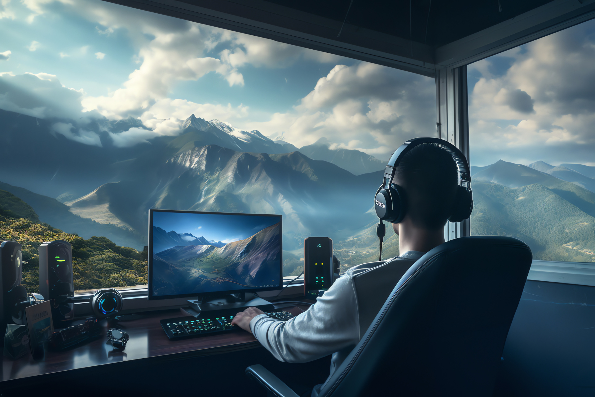 Tranquil gaming setting, Gamer's desk organization, Mountainous scenery, Daylight infused room, Calm gaming environment, HD Desktop Image