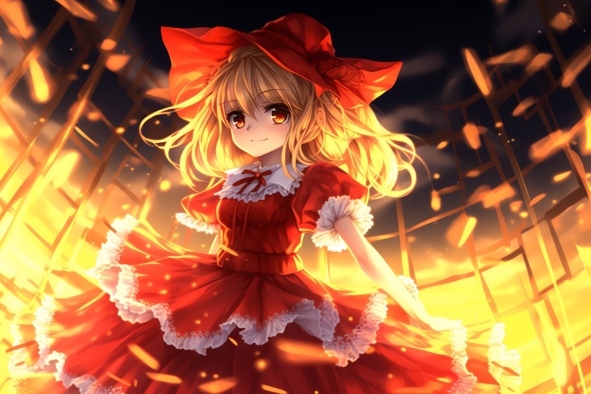 Flandre Scarlet, Gensokyo resident, Intense ocular detail, Luminous hair, Mystical accessory, HD Desktop Image