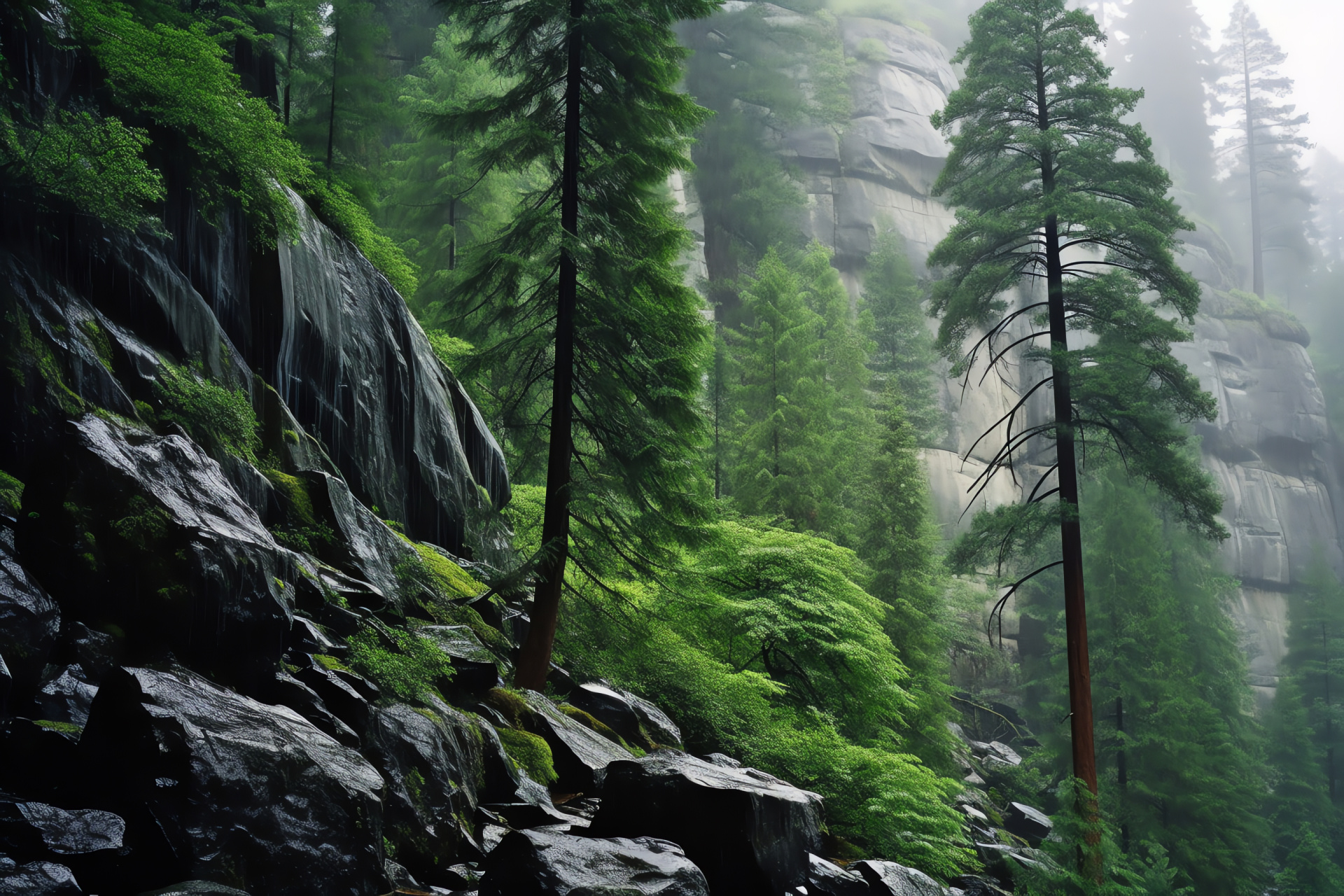 Yosemite Park rain, California serene nature, forest tranquility, granite monoliths, towering sequoias, HD Desktop Wallpaper